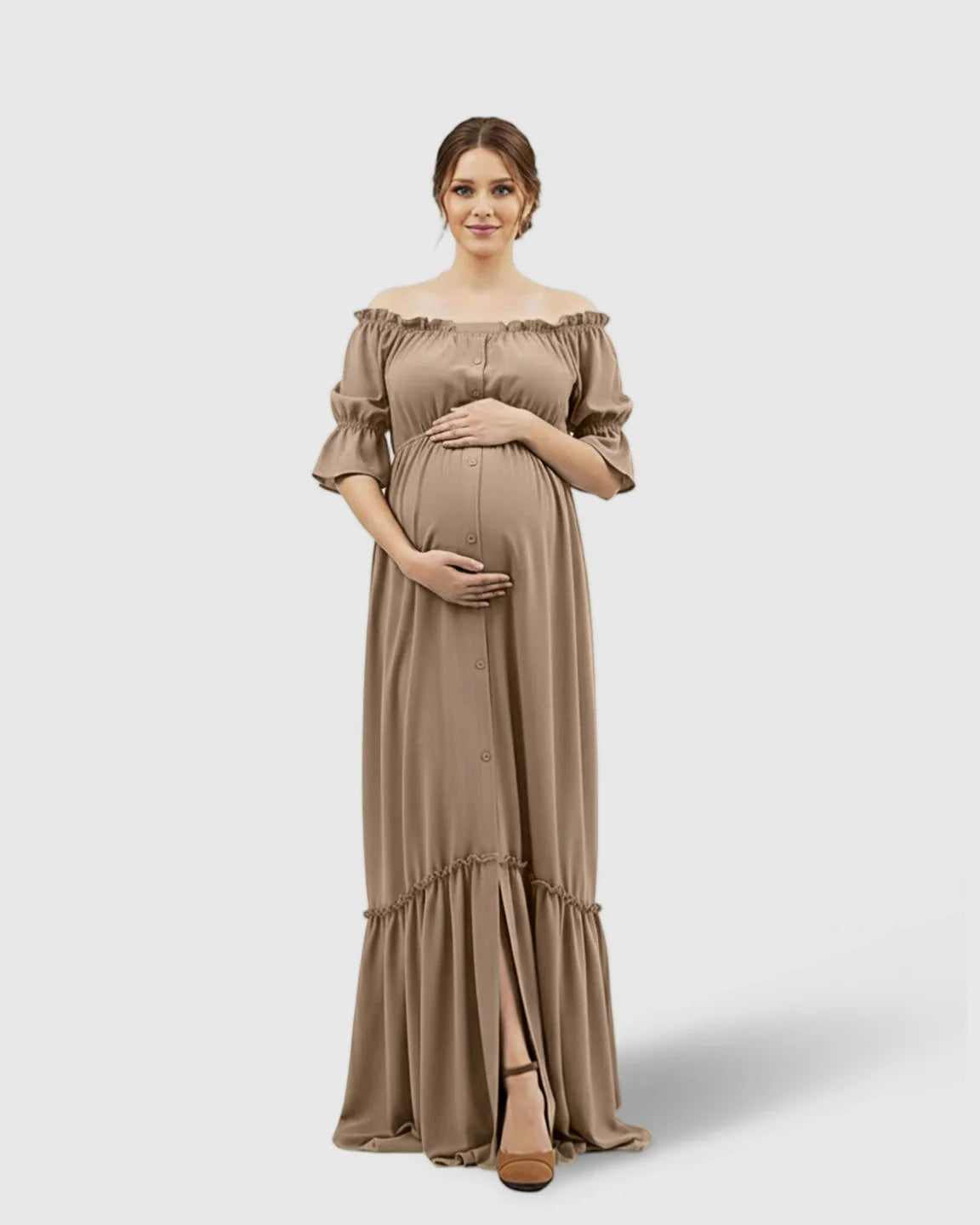 The Comfort Collection: Elegant Off-Shoulder Flared Maternity Long Dress