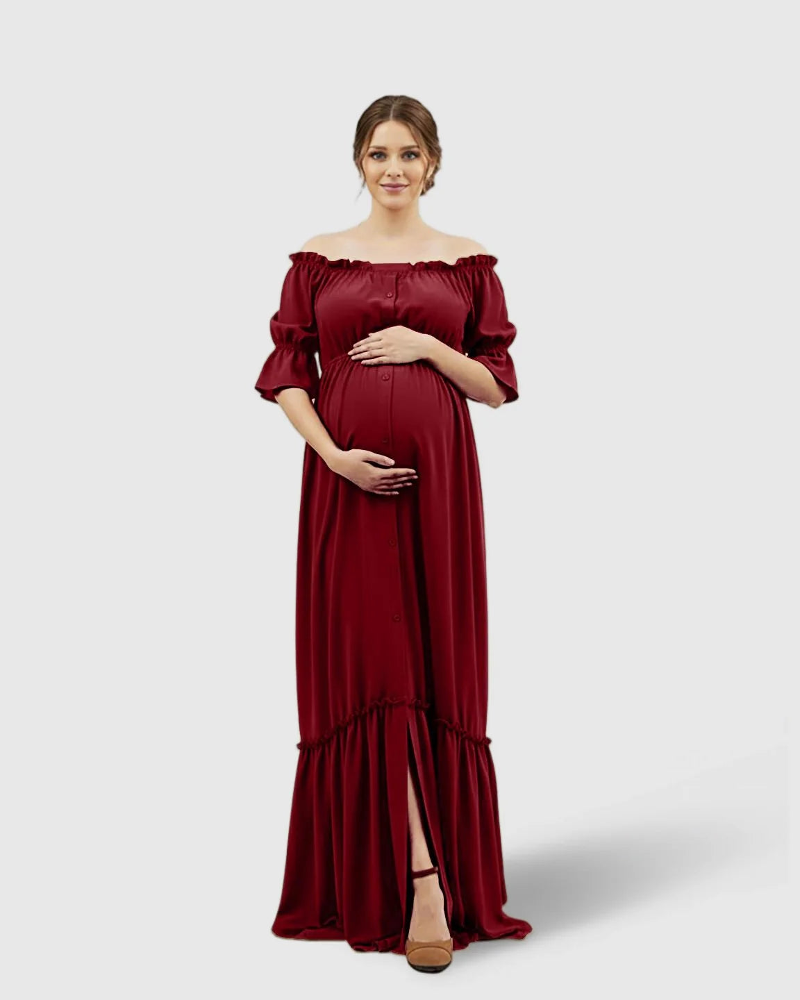 The Comfort Collection: Elegant Off-Shoulder Flared Maternity Long Dress