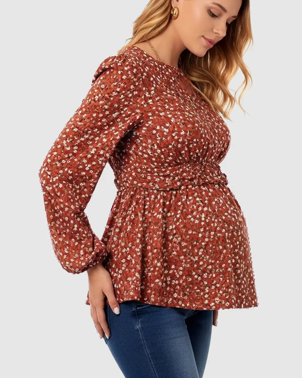 Bump Society – The Comfort Collection: Elegant Red Floral Ruffle Maternity Shirt