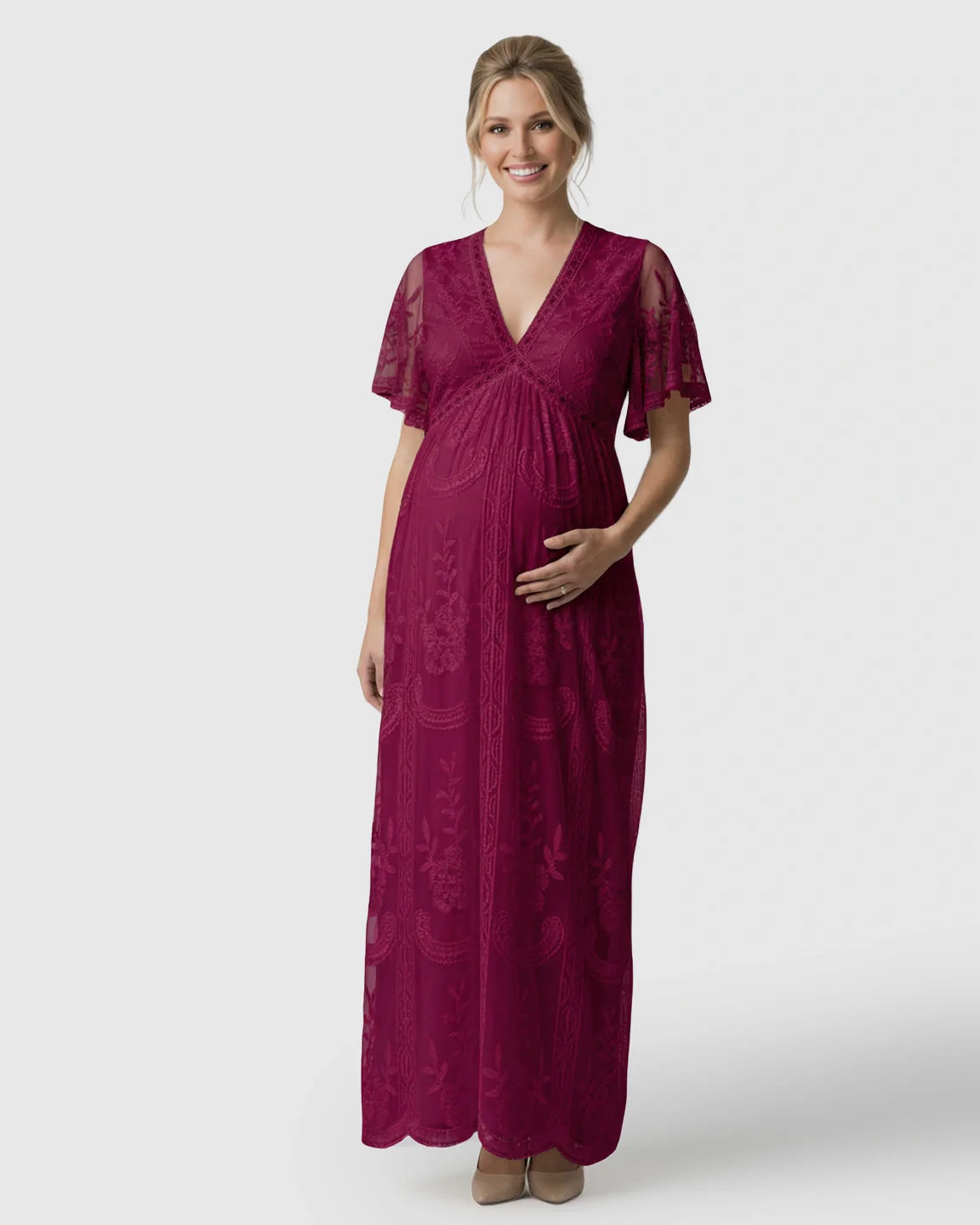 Bump Society – The Comfort Collection: Sheer-Lace Romantic Maternity Maxi Dress
