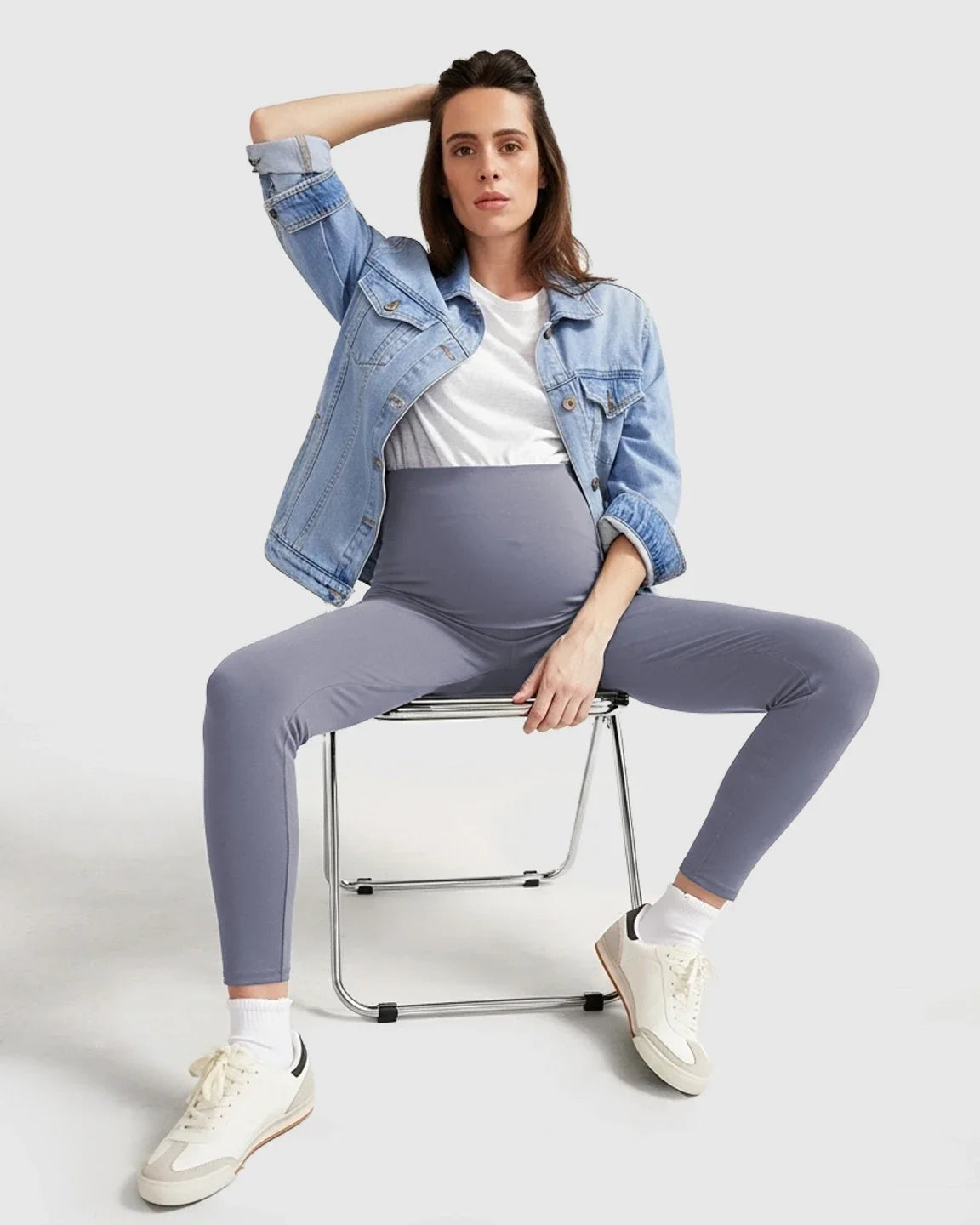 Woman in gray ultra-soft support maternity midi leggings with a seamless, C-friendly waistband.