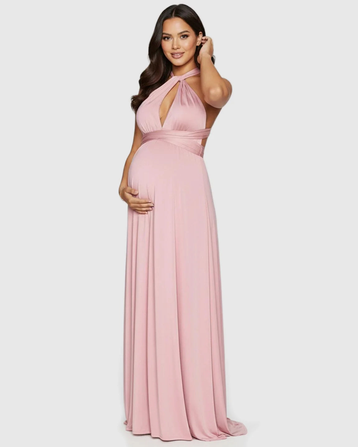 Pink chiffon-style tie-waist flowy maternity maxi dress with halter neckline and open back.