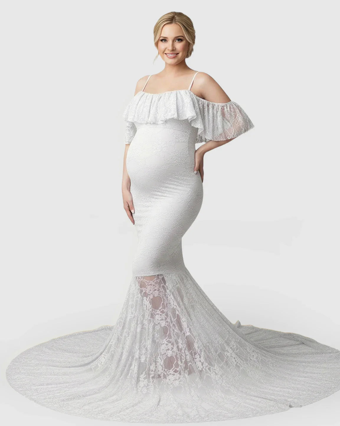 Bump Society – The Comfort Collection: Off-Shoulder Lace Mermaid Maternity Gown