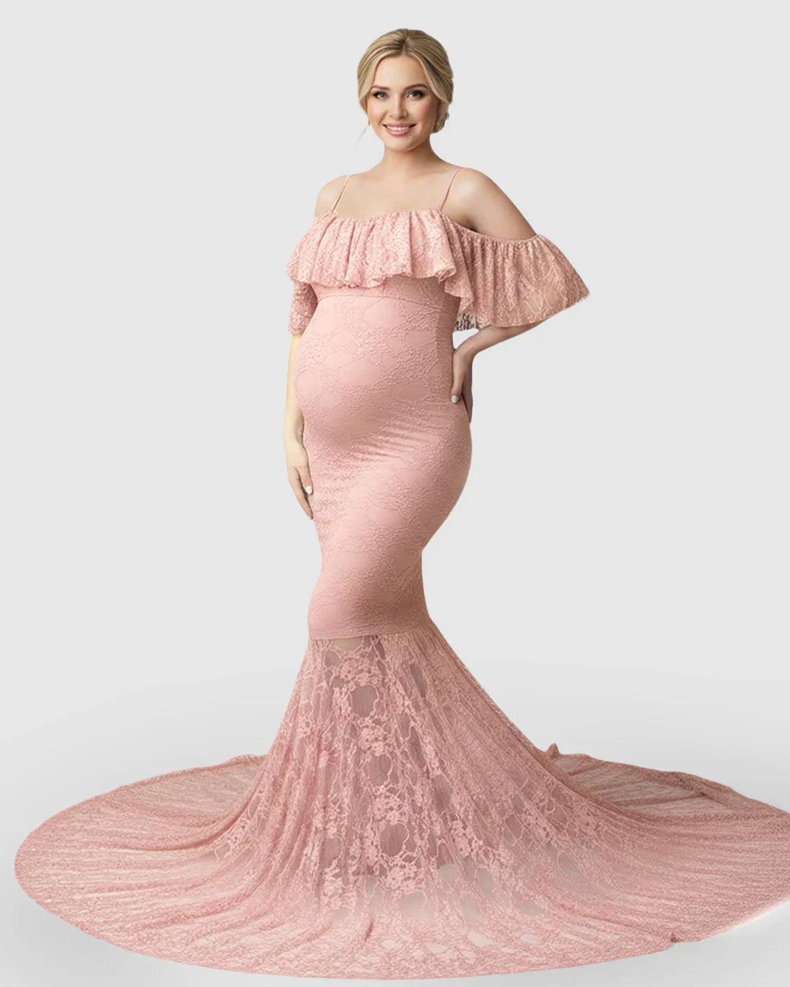 Bump Society – The Comfort Collection: Off-Shoulder Lace Mermaid Maternity Gown