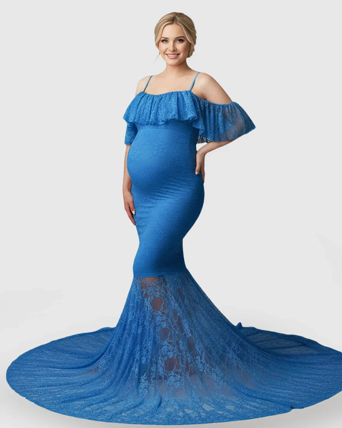 Bump Society – The Comfort Collection: Off-Shoulder Lace Mermaid Maternity Gown