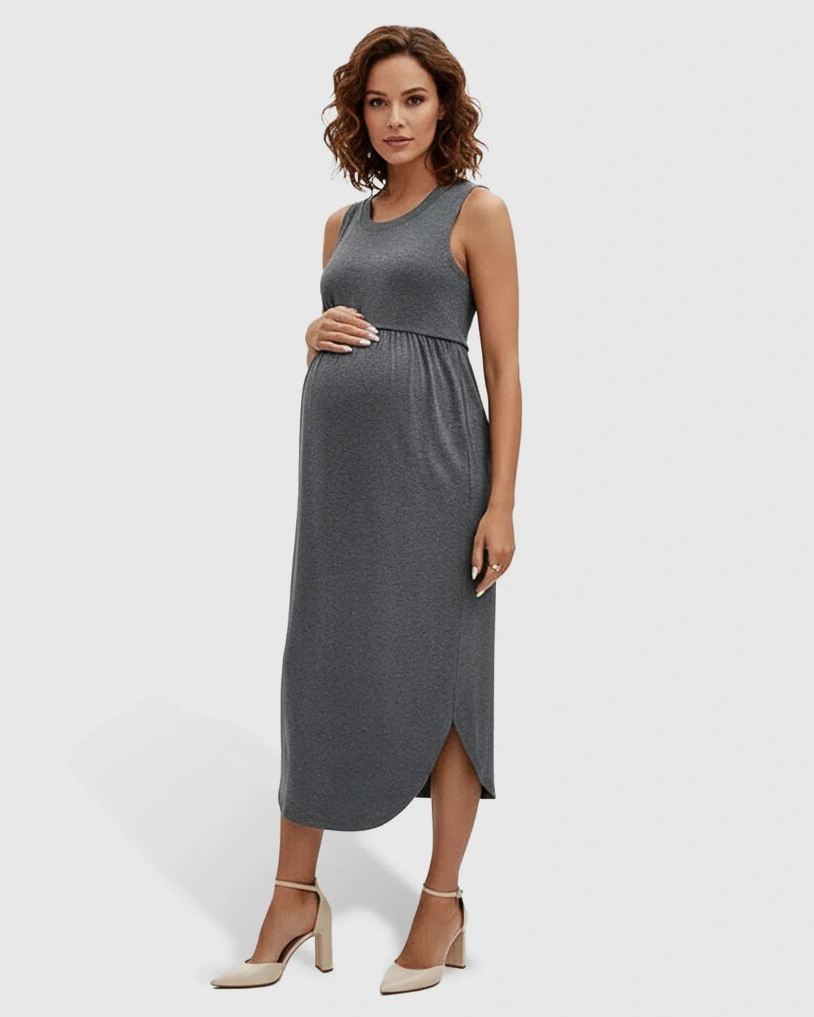 Bump Society – The Comfort Collection: Sleeveless Gathered-Waist Maternity Midi Dress