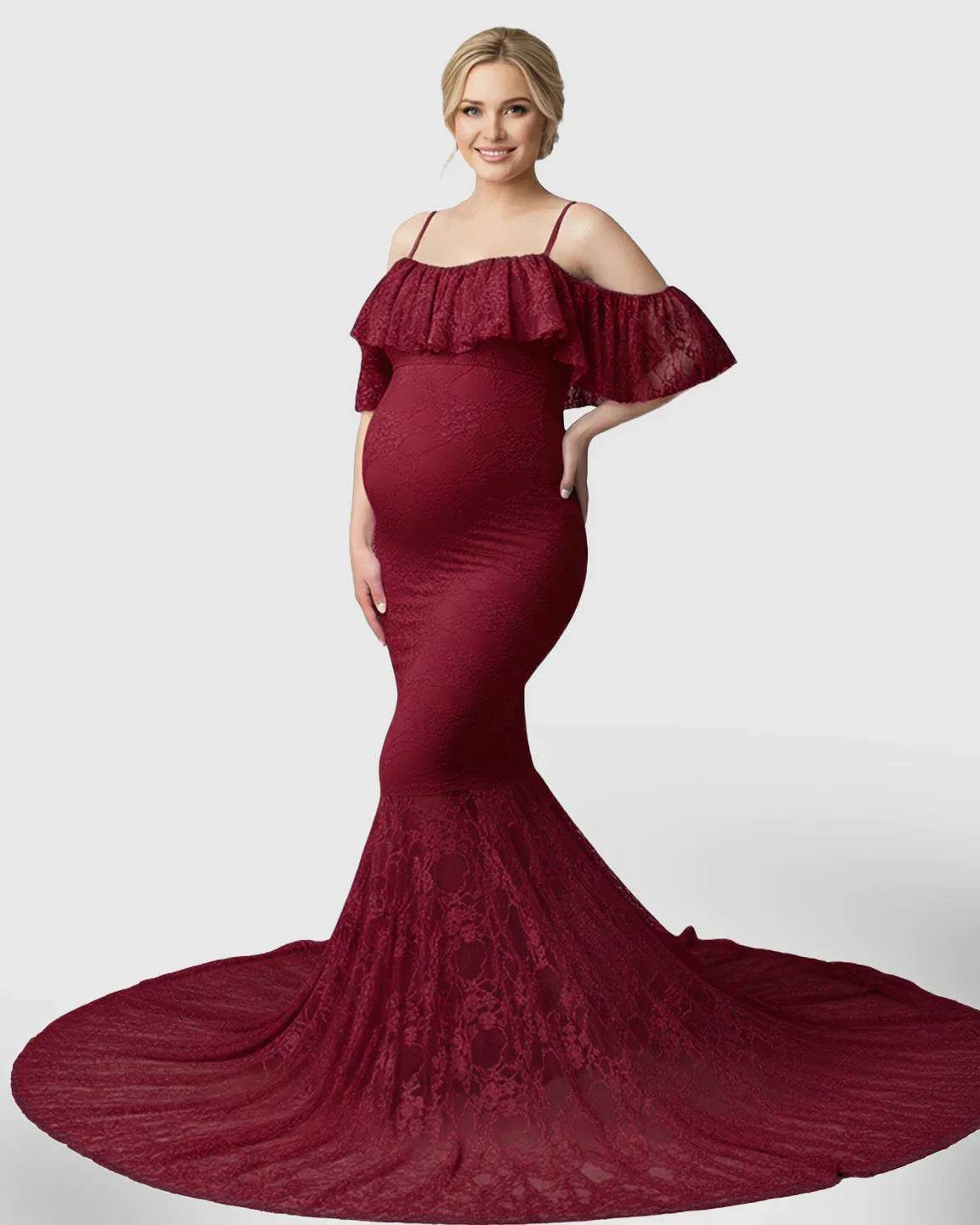 Bump Society – The Comfort Collection: Off-Shoulder Lace Mermaid Maternity Gown