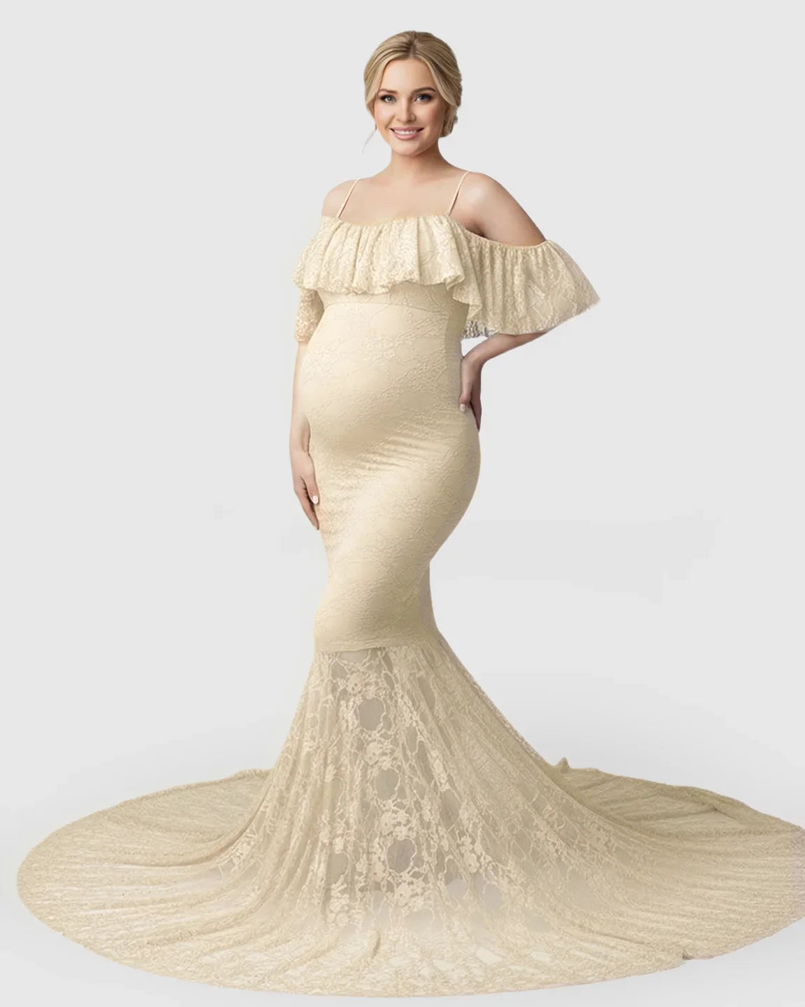 Bump Society – The Comfort Collection: Off-Shoulder Lace Mermaid Maternity Gown