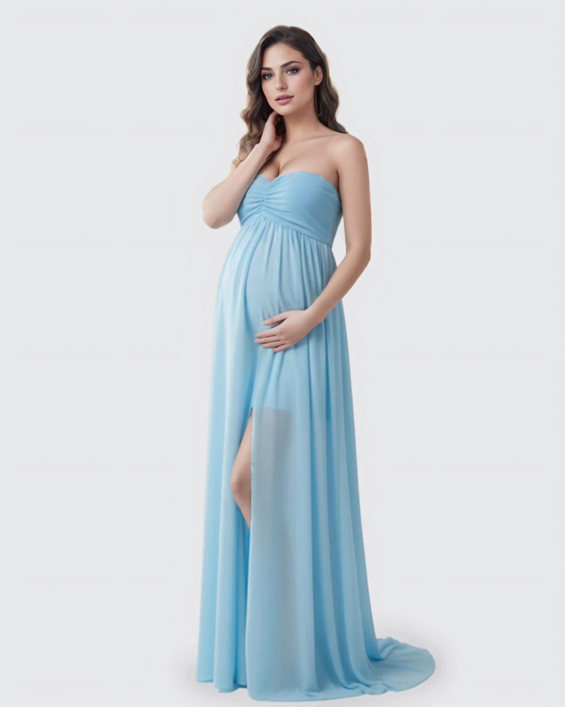 Bump Society – The Comfort Collection: Strapless Chiffon Train Maternity Gown