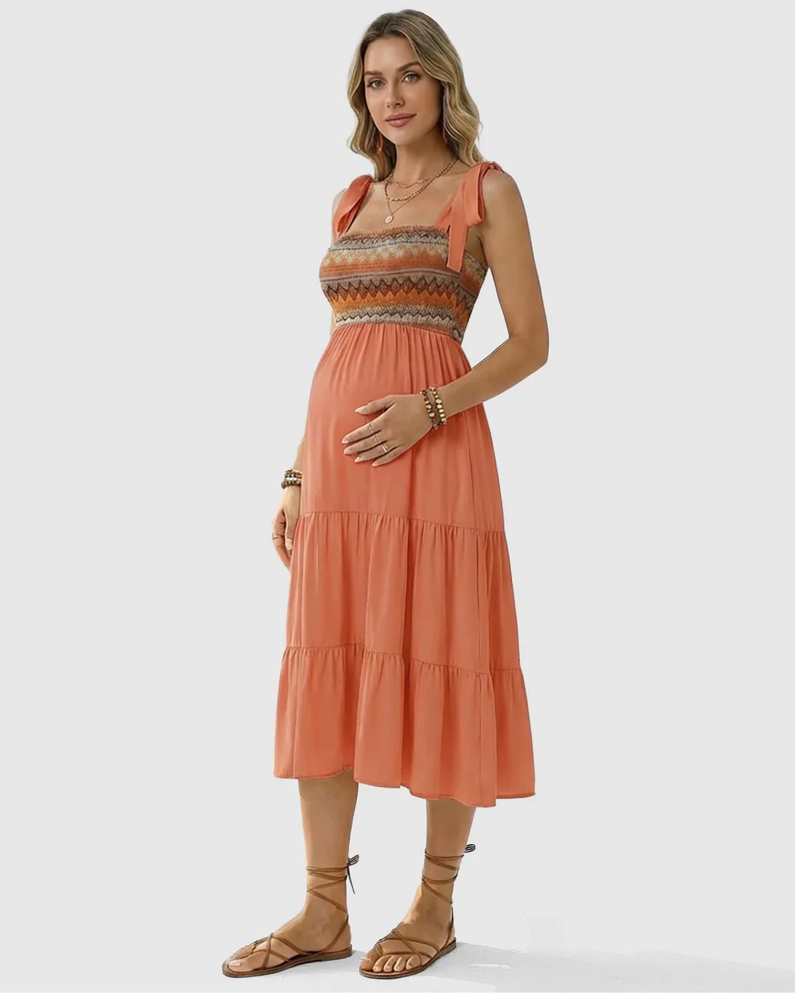 Bump Society – The Comfort Collection: Smocked Ethnic Bodice Tiered A-Line Maternity Sundress