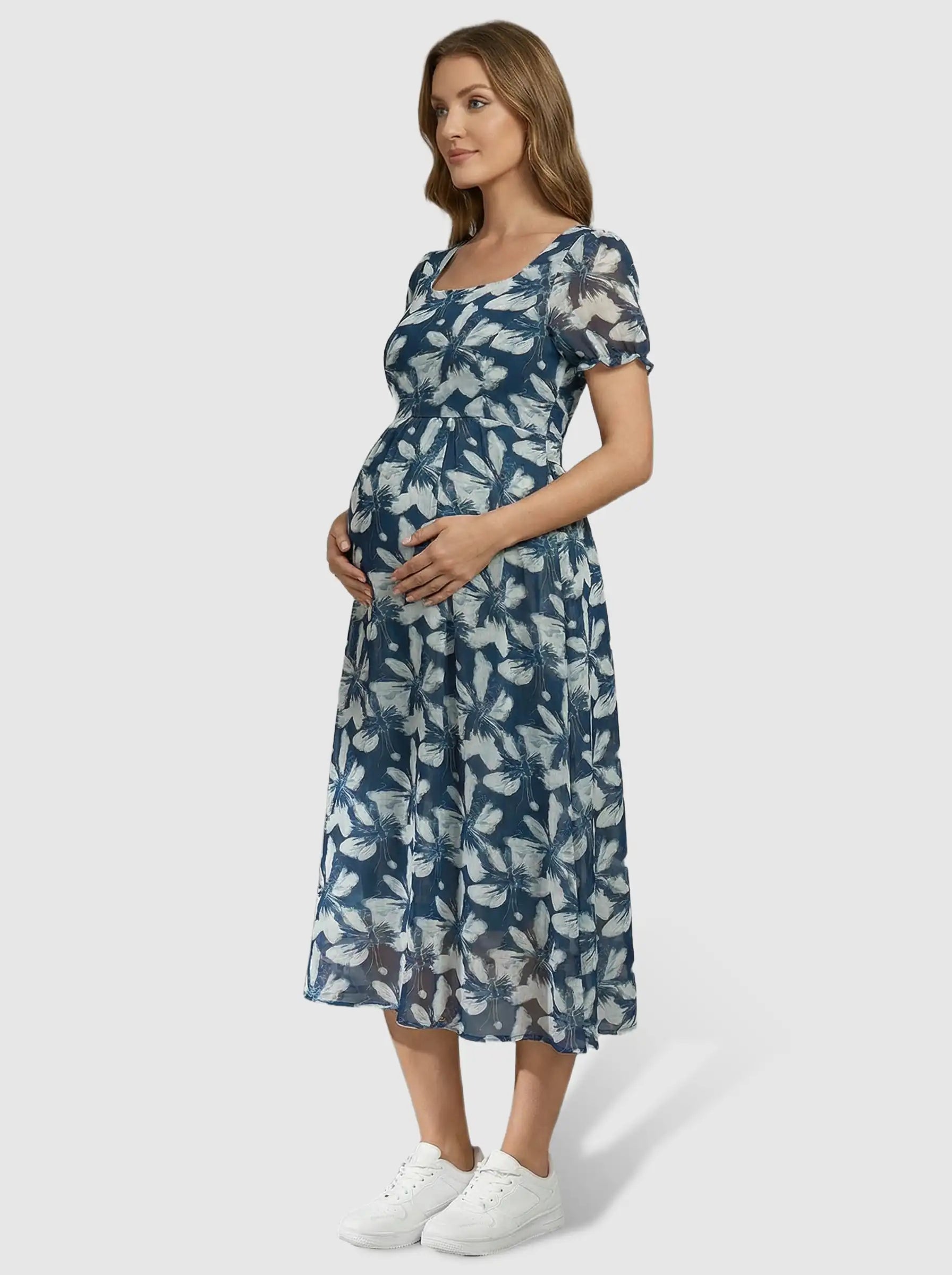 Bump Society – The Comfort Collection: Square Neckline Floral Mid-Waist Cut Maternity Midi Dress