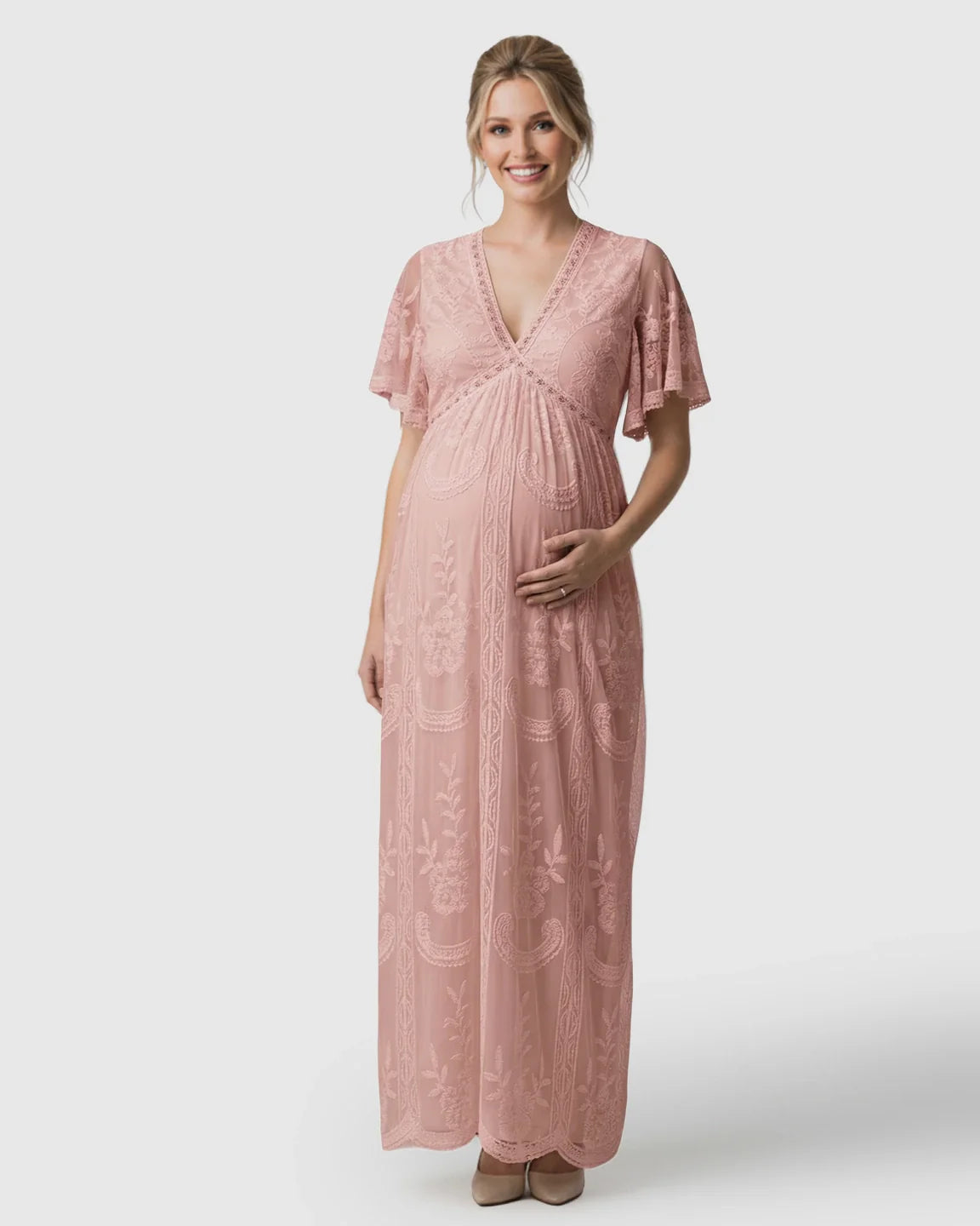 Bump Society – The Comfort Collection: Sheer-Lace Romantic Maternity Maxi Dress
