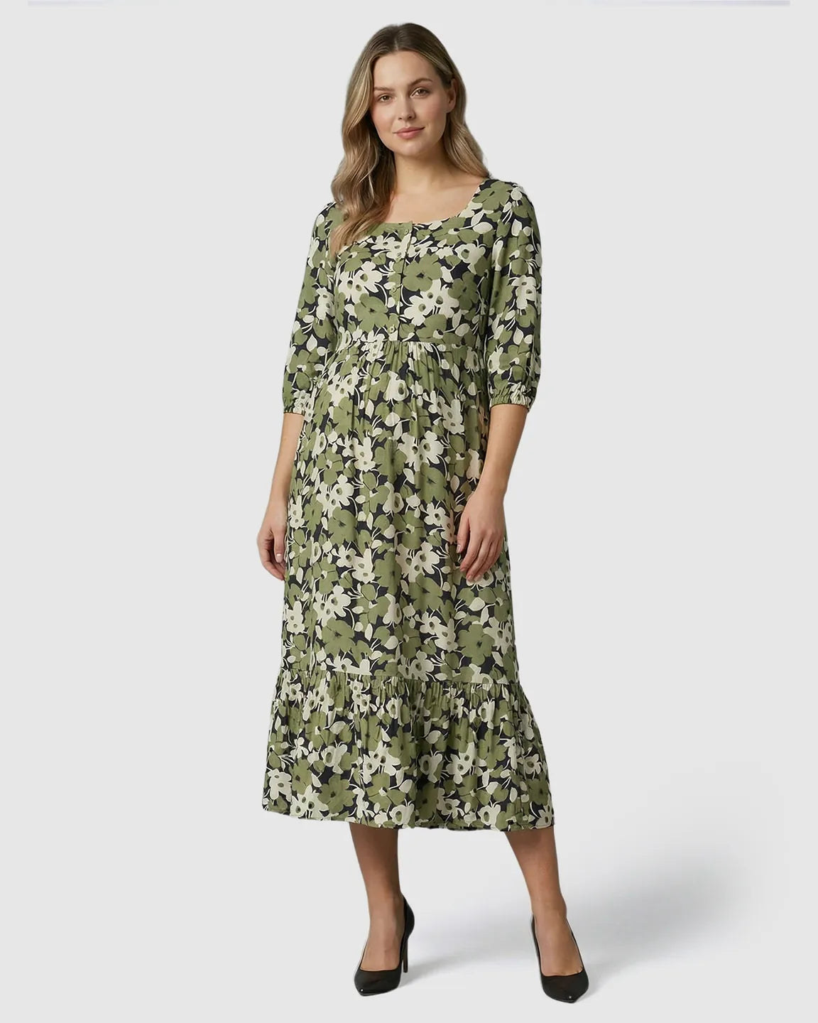 Bump Society – The Comfort Collection: Button Front Square Neck Maternity Midi Dress