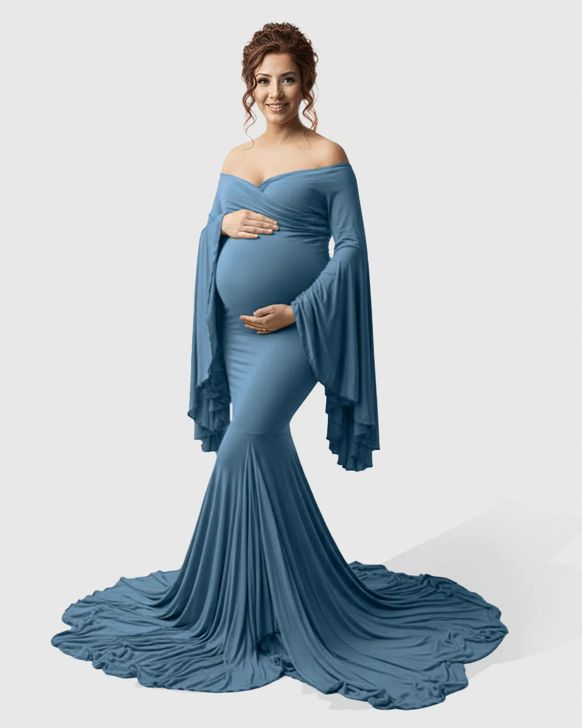 Bump Society – The Comfort Collection: Flared Sleeve Fishtail Train Maternity Photoshoot Dress