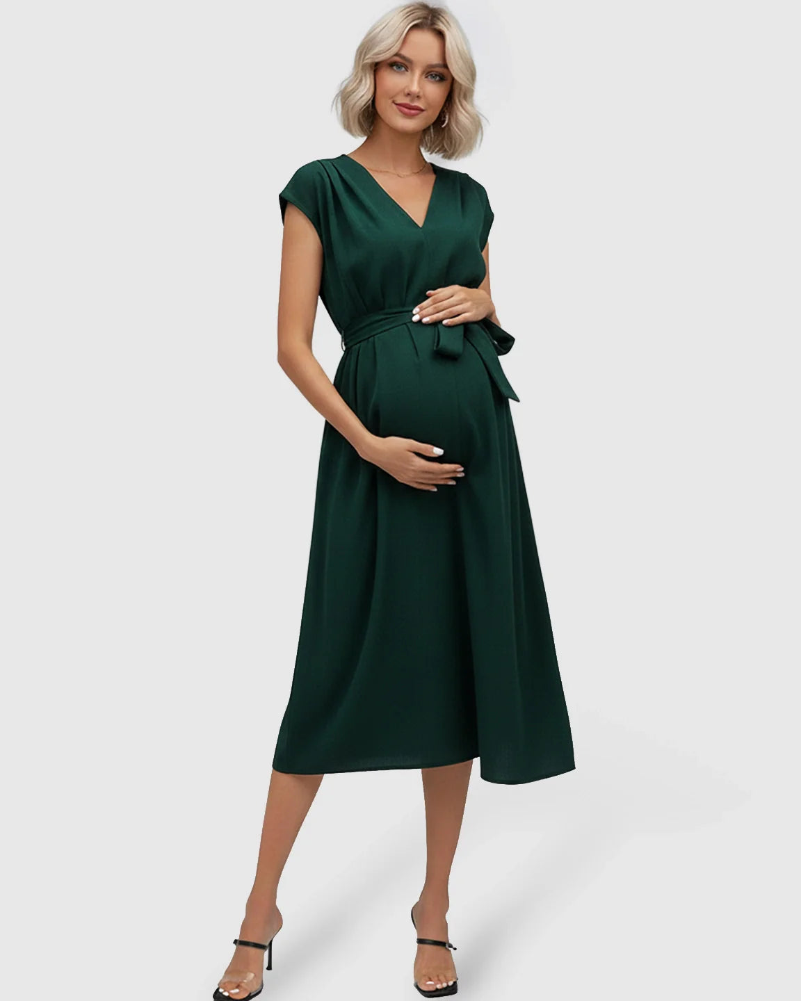 Maternity midi dress in dark green with a V-neck, flutter sleeves, and adjustable tie-waist.