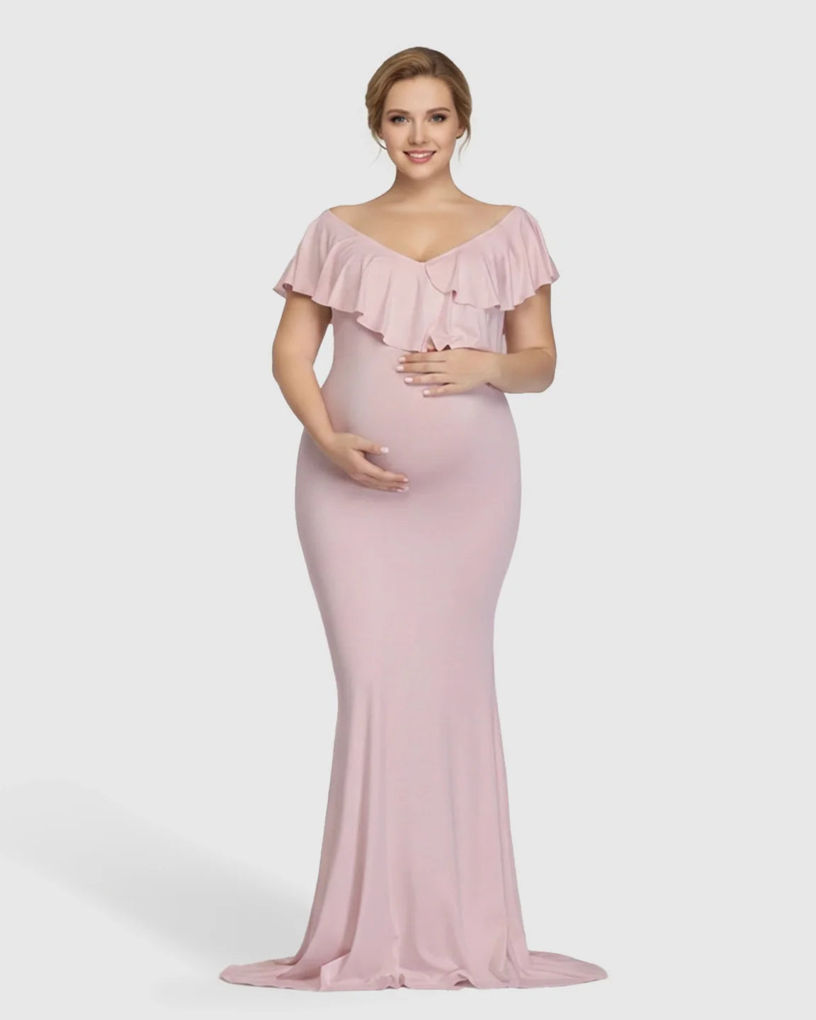 Bump Society – The Comfort Collection: Off-Shoulder Ruffled Bodycon Maternity Maxi Dress