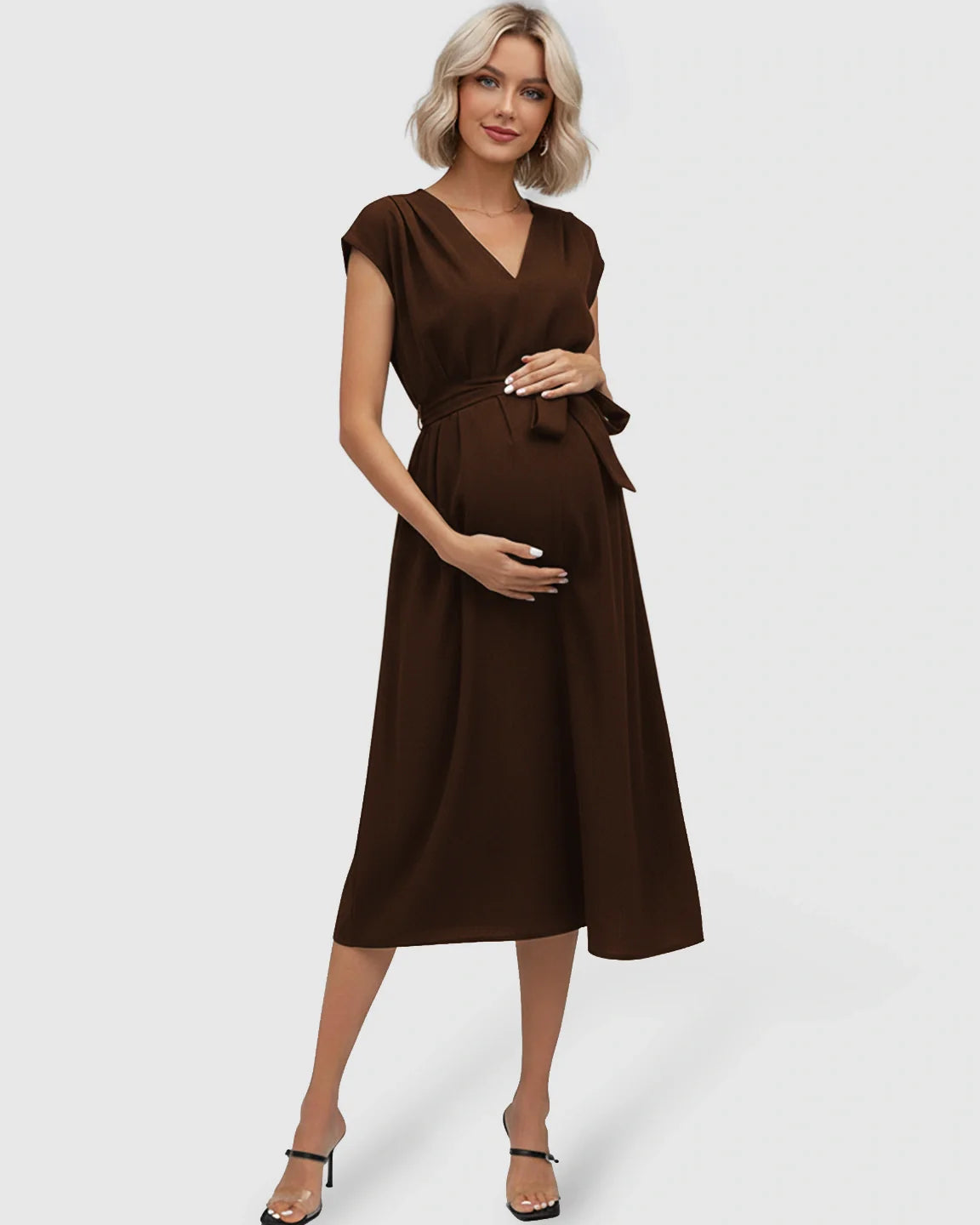 Maternity midi dress in brown with V-neck, flutter sleeves, and adjustable tie-waist.