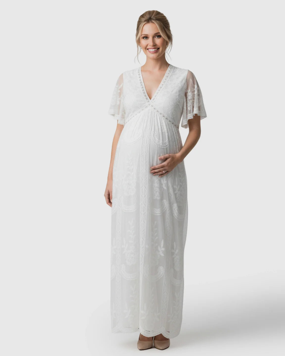 Bump Society – The Comfort Collection: Sheer-Lace Romantic Maternity Maxi Dress