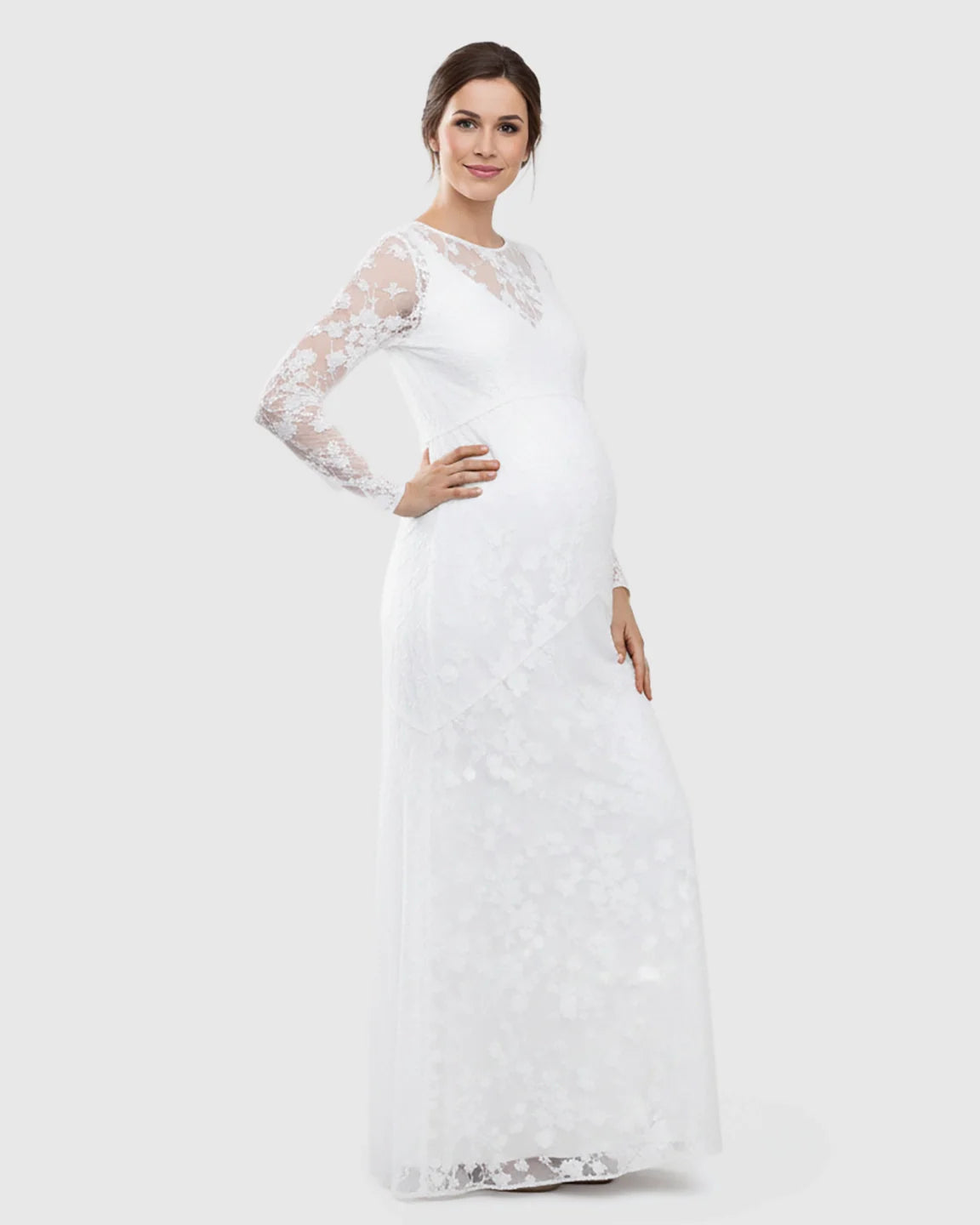 Bump Society – The Comfort Collection: Detachable Mesh Lace V-Neck Maternity Wedding Dress
