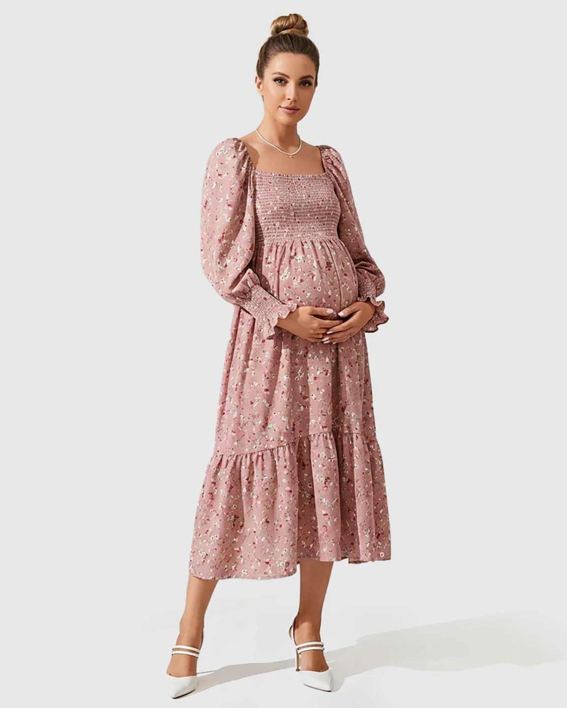 Bump Society – The Comfort Collection: Smocked Bodice Feminine Maternity Midi Dress