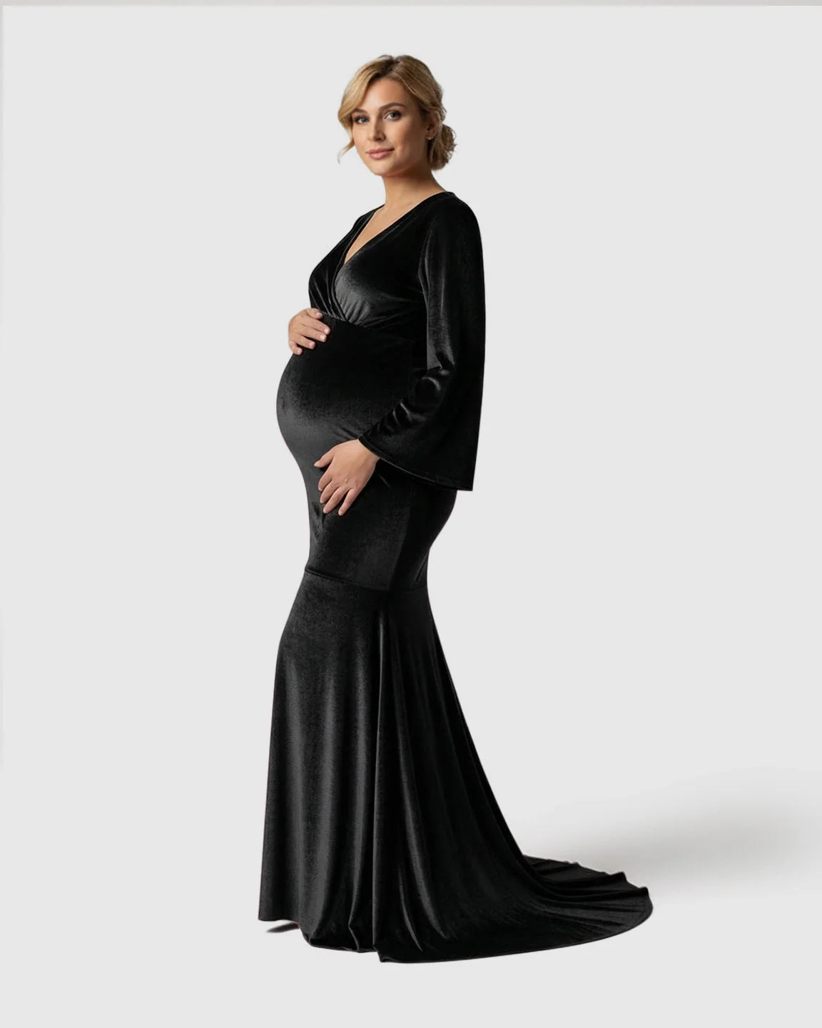 Bump Society – The Comfort Collection: Long-Sleeve Mermaid Train Maternity Photoshoot Gown
