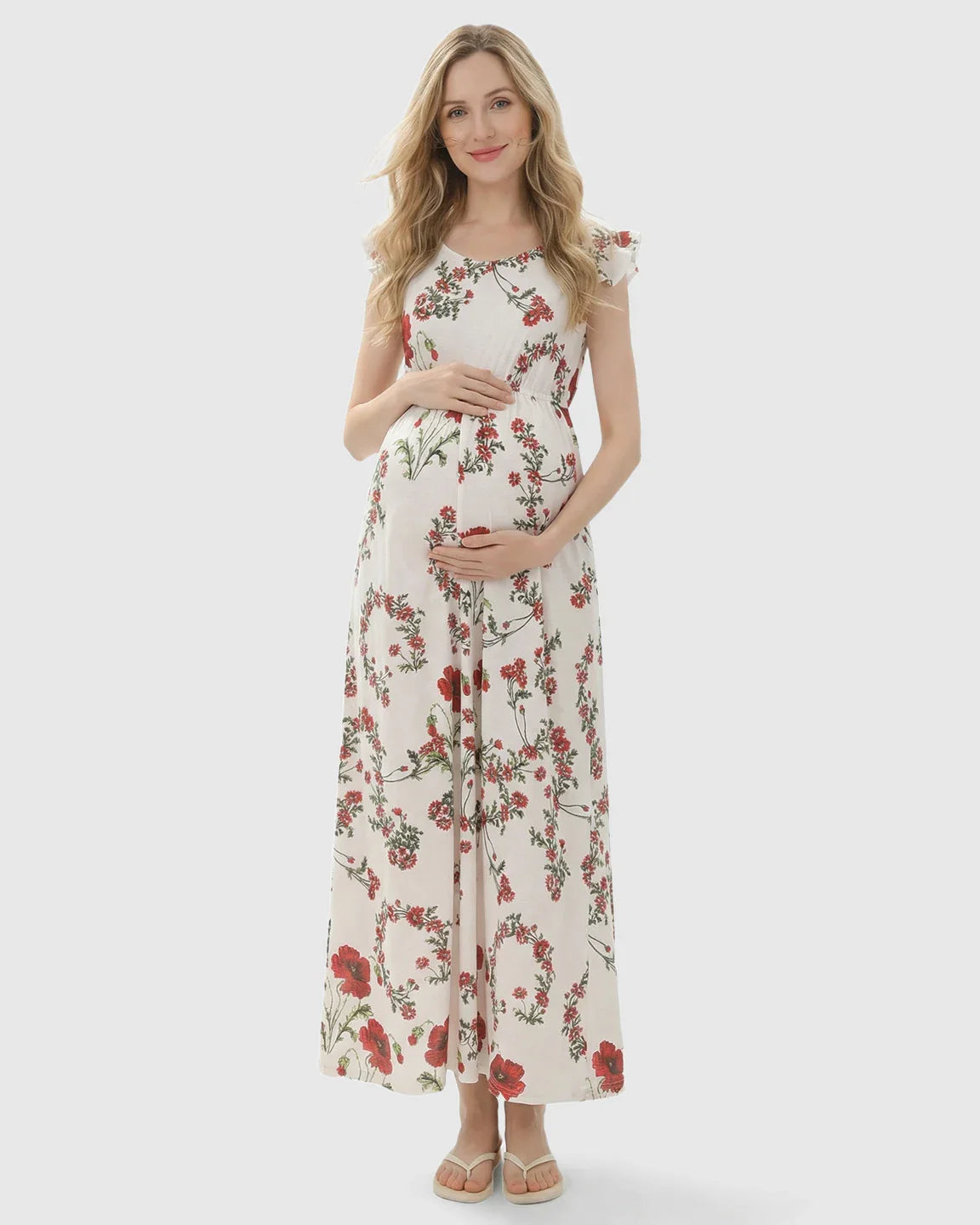 Bump Society – The Comfort Collection: Ruffle Shoulder Floral Maternity Maxi Dress