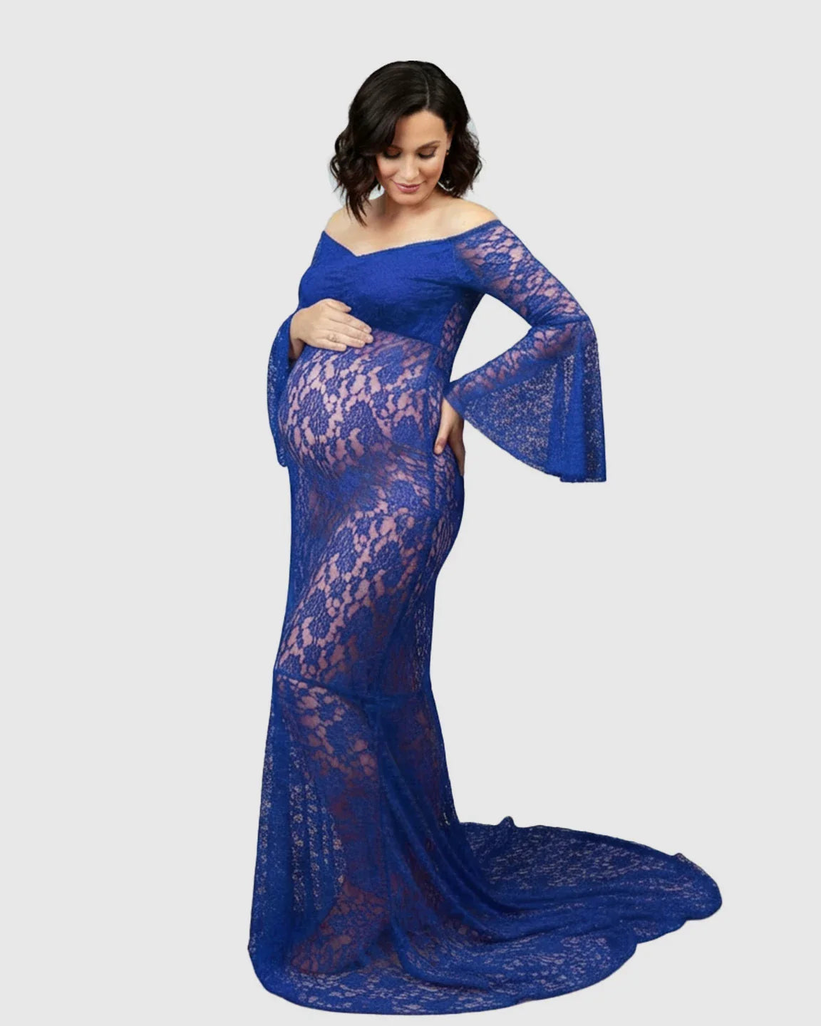 Bump Society – The Comfort Collection: Bell Lace Sleeve Trailing Maternity Gown