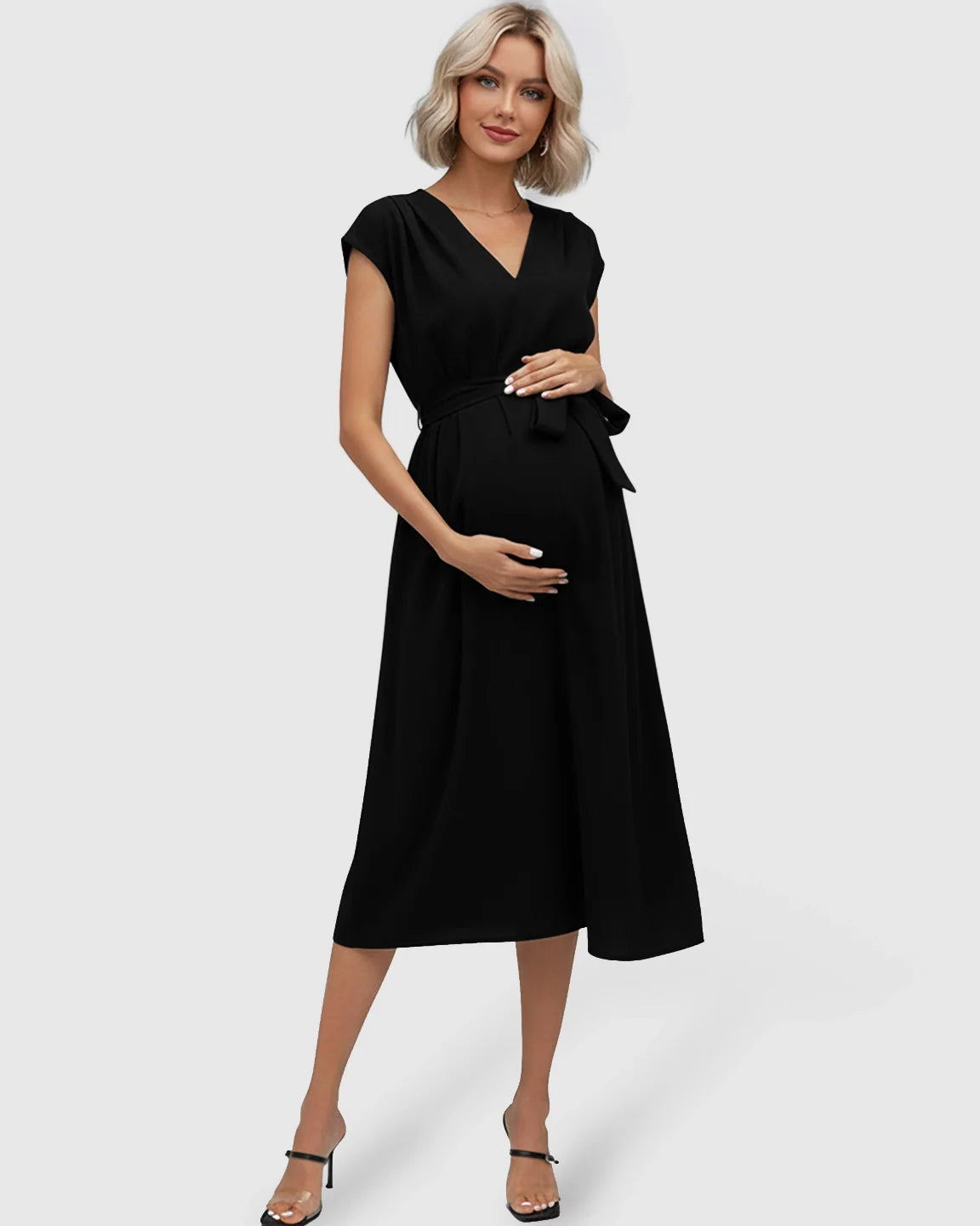 Black tie-waist V-neck maternity midi dress with flutter sleeves, worn by a pregnant model.