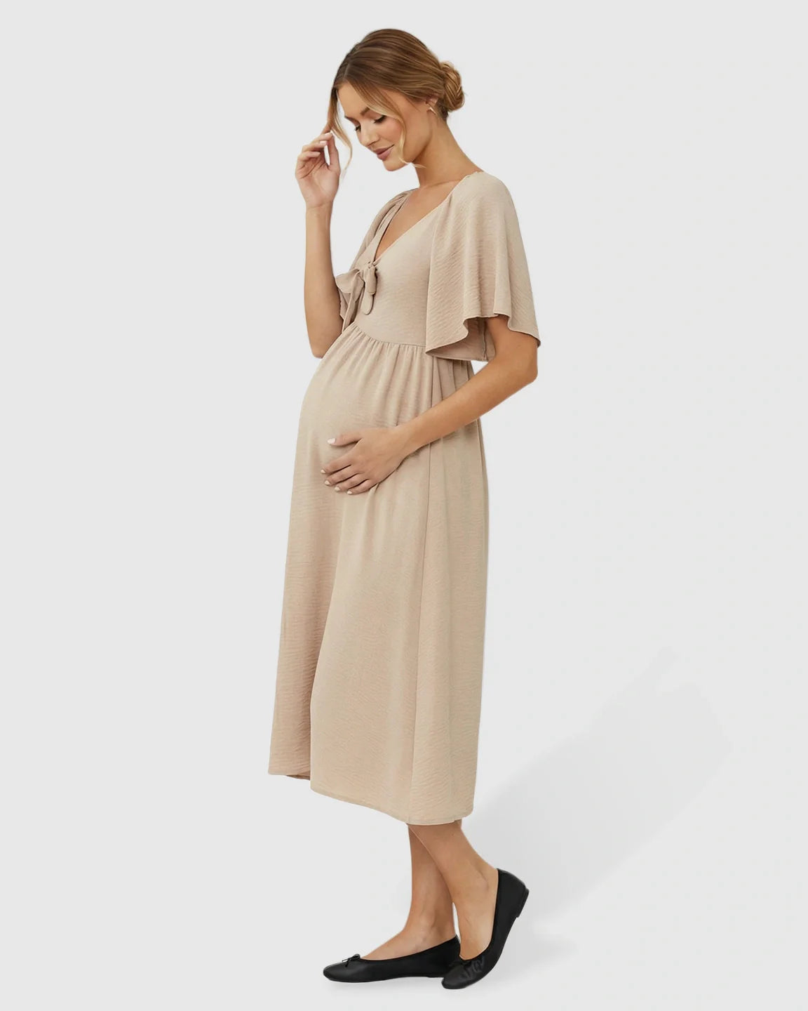 Bump Society – The Comfort Collection: Tie-Knot Front Swing Silhouette Maternity Midi Dress