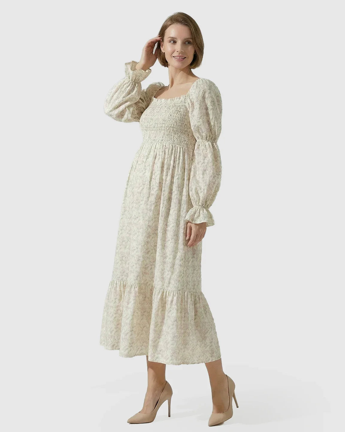 Bump Society – The Comfort Collection: Puffed Long-Sleeve Tiered Skirt Maternity Maxi Dress