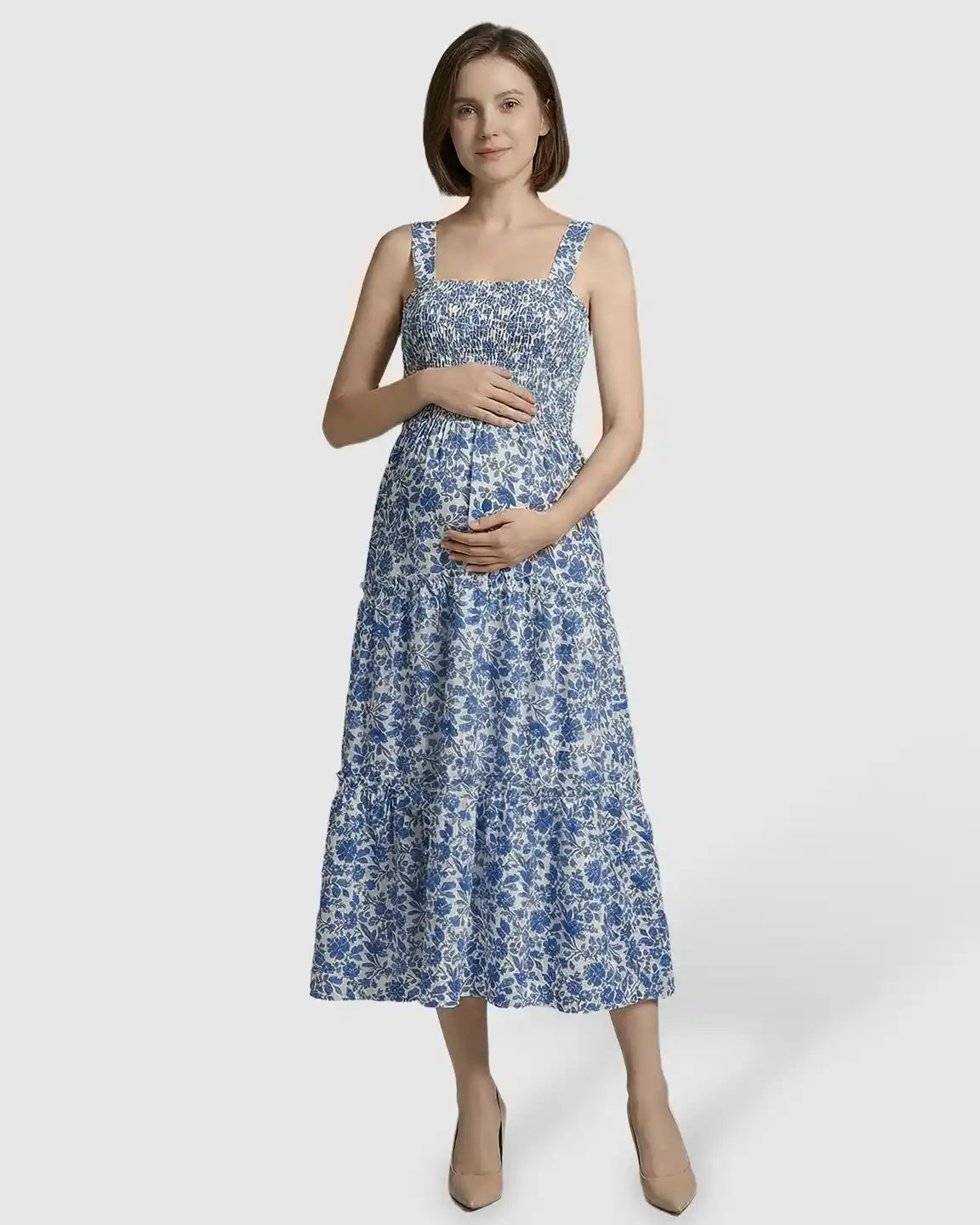 Bump Society – The Comfort Collection: Smocked Floral A-Line Maternity Midi Dress