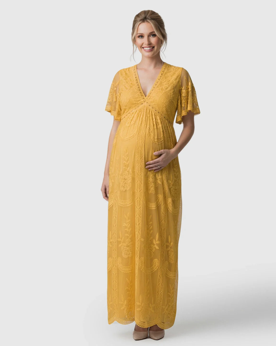 Bump Society – The Comfort Collection: Sheer-Lace Romantic Maternity Maxi Dress