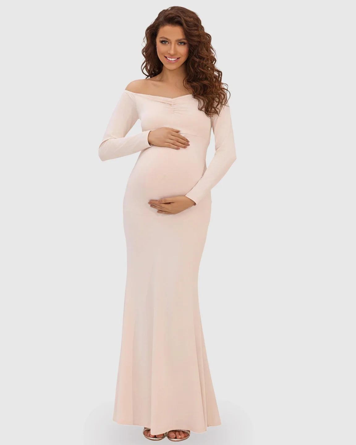 Bump Society – The Comfort Collection: Off-Shoulder Fitted Bodice Maternity Maxi Dress