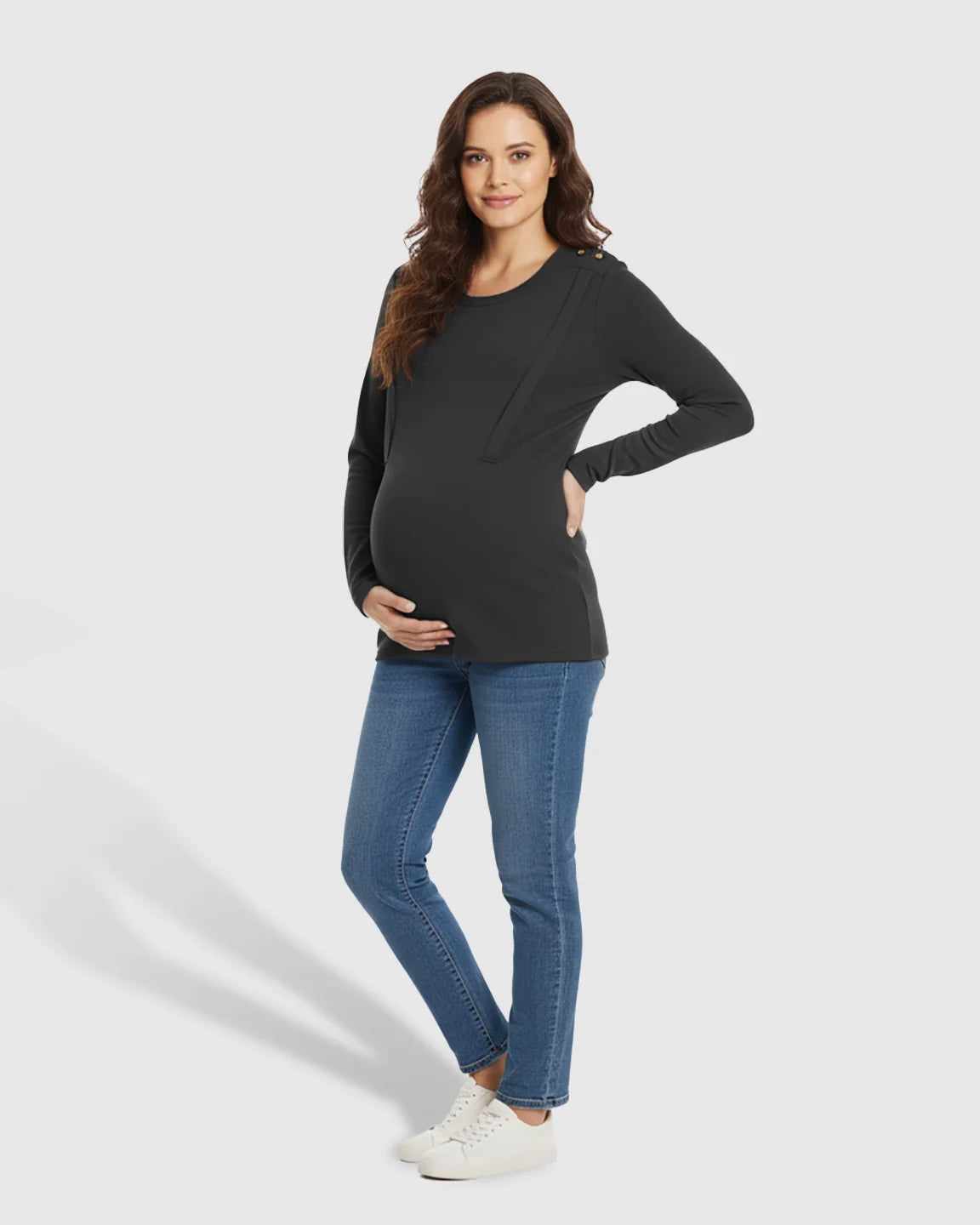 Bump Society – The Comfort Collection: Ribbed Horizontal Zip-Feed Fitted Maternity Shirt