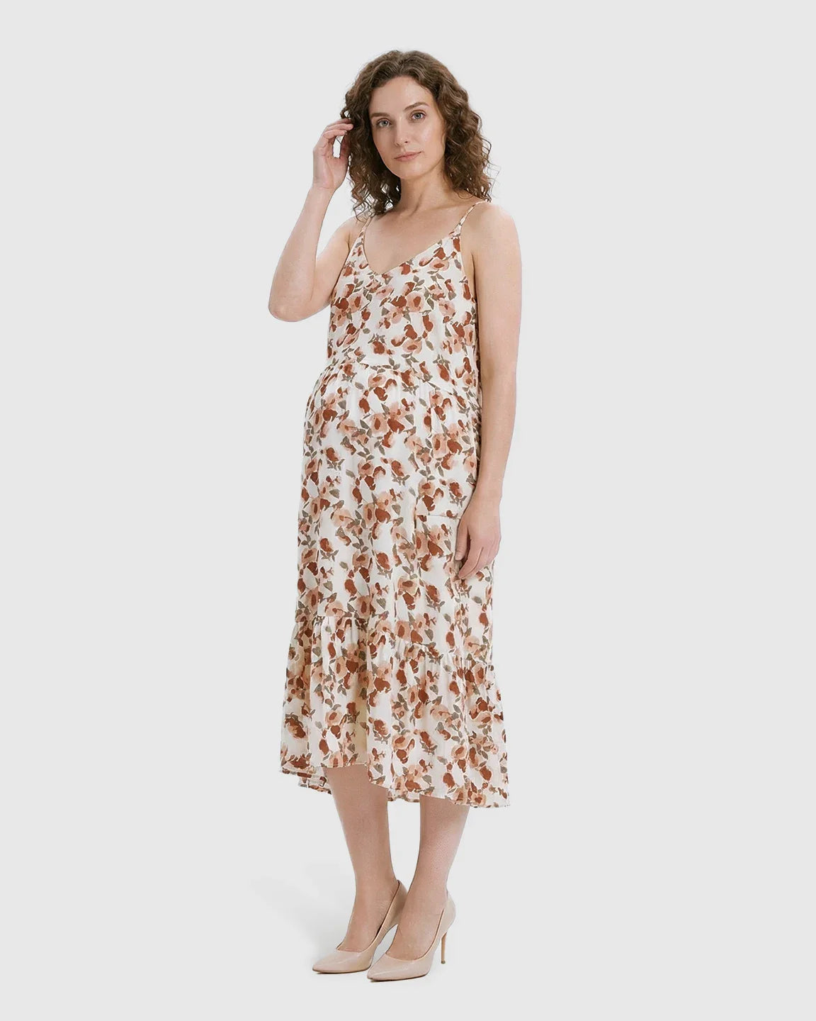 Bump Society – The Comfort Collection: Spaghetti Strap Floral Tiered Maternity Midi Dress