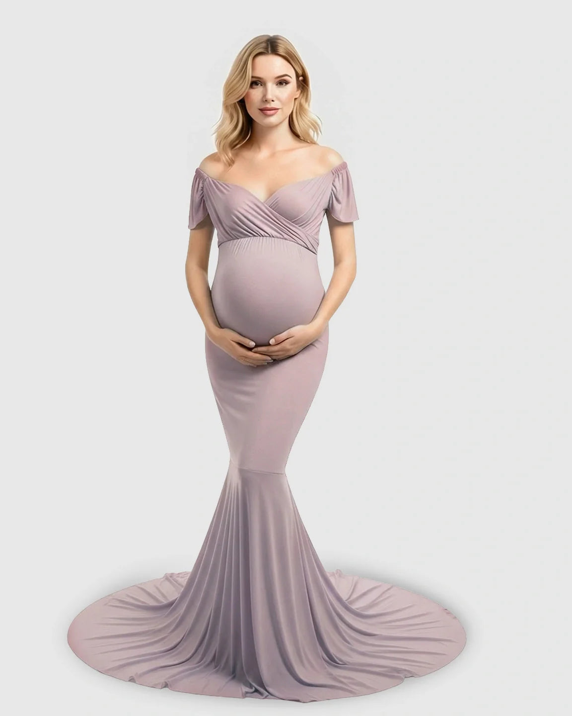 Bump Society – The Comfort Collection: Off-Shoulder Fitted Mermaid Style Maternity Photoshoot Gown