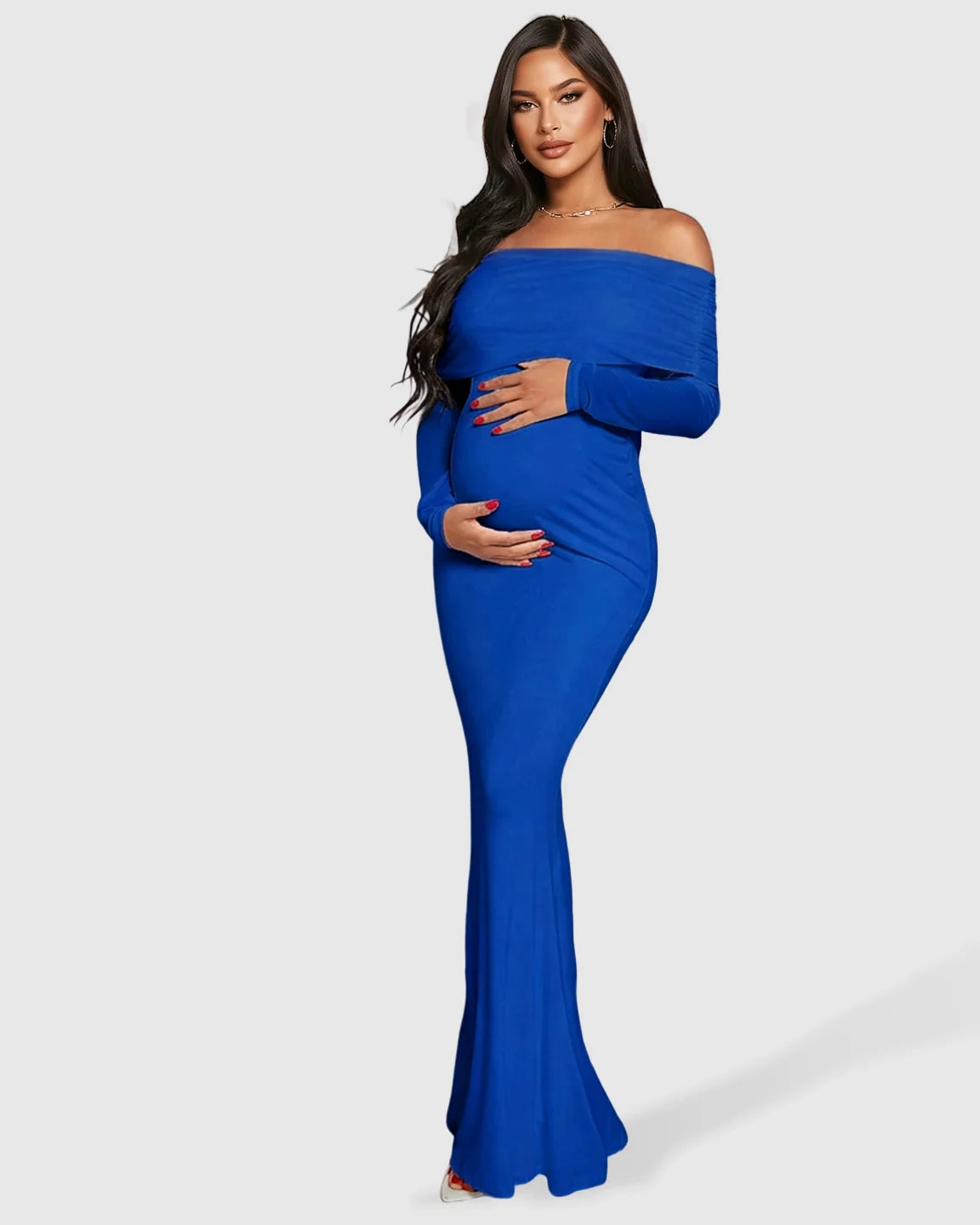 Blue off-shoulder draped neck mermaid fit maternity maxi dress, hugging a pregnant woman's bump.