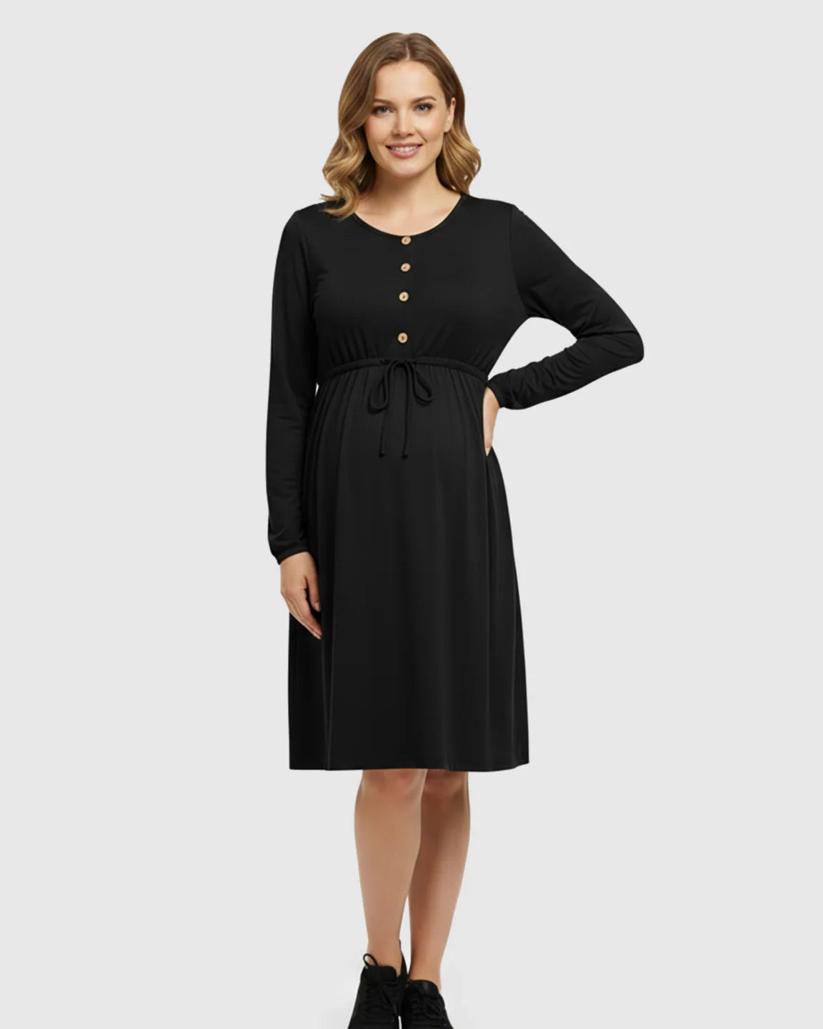 Bump Society – The Comfort Collection: Button-Front Drawstring Waist Maternity Dress