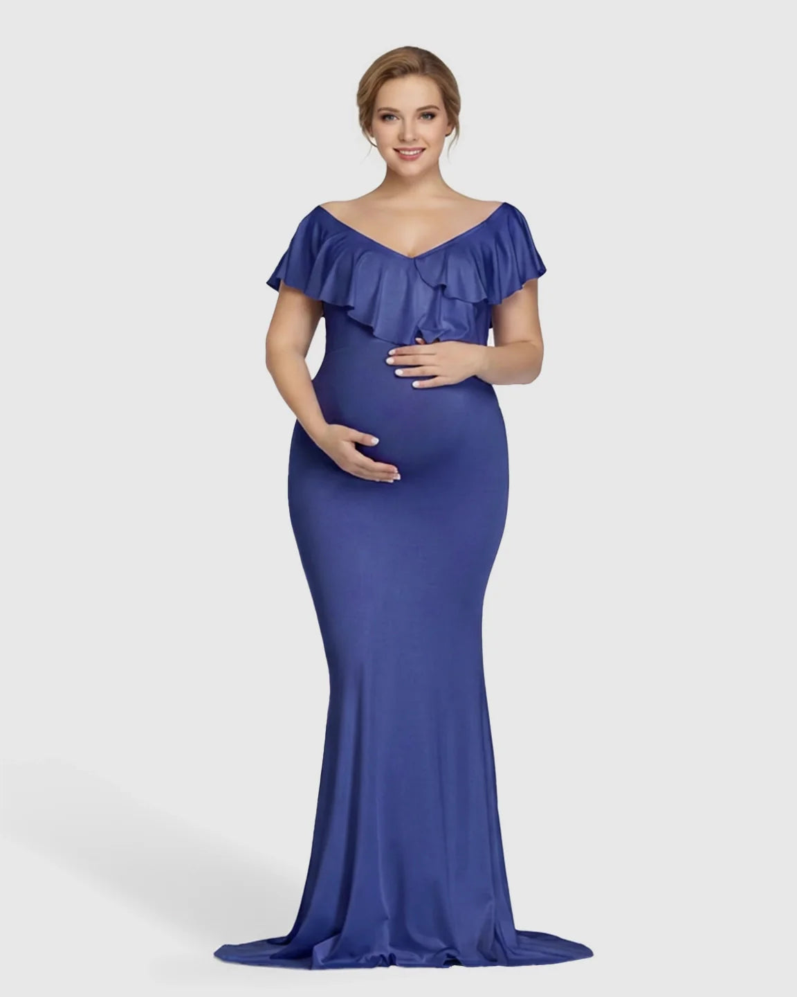 Bump Society – The Comfort Collection: Off-Shoulder Ruffled Bodycon Maternity Maxi Dress