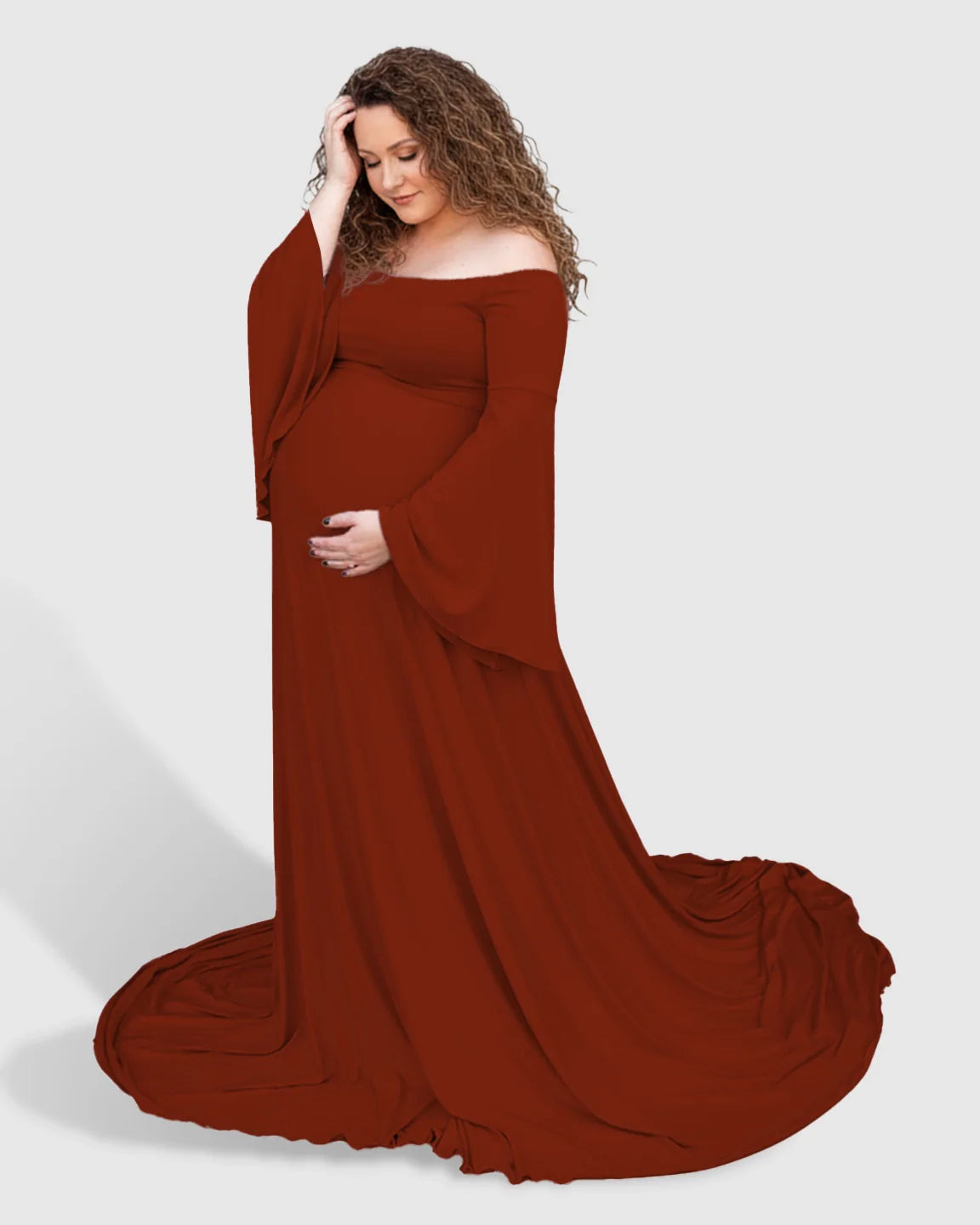 Bump Society – The Comfort Collection: Off-Shoulder Bell Sleeve Boho Maternity Photoshoot Maxi Dress