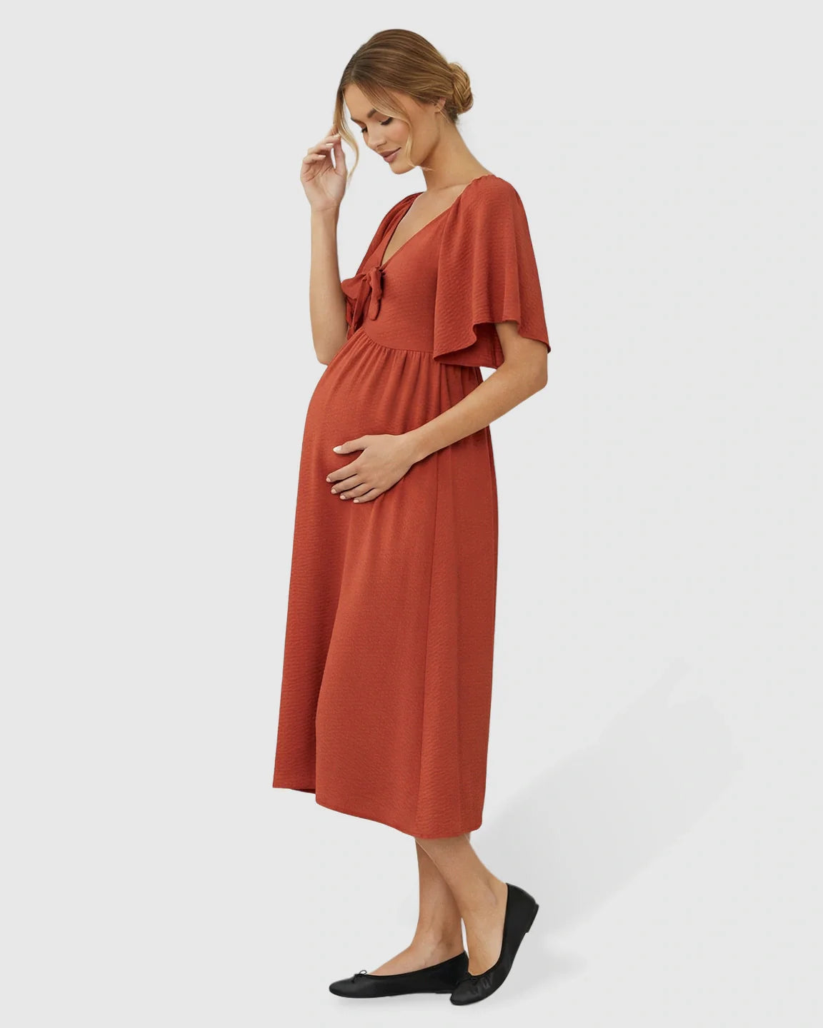 Bump Society – The Comfort Collection: Tie-Knot Front Swing Silhouette Maternity Midi Dress