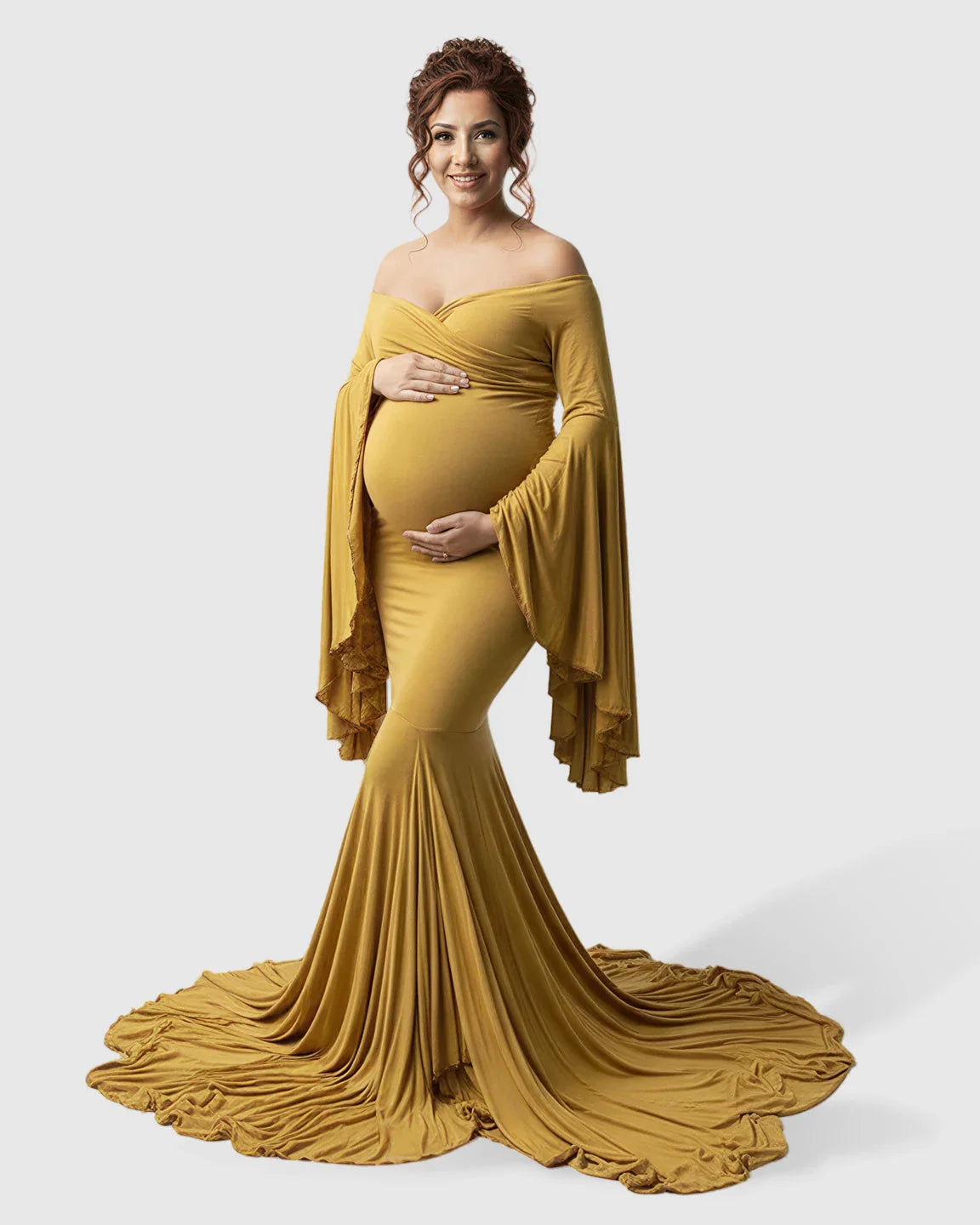 Bump Society – The Comfort Collection: Flared Sleeve Fishtail Train Maternity Photoshoot Dress