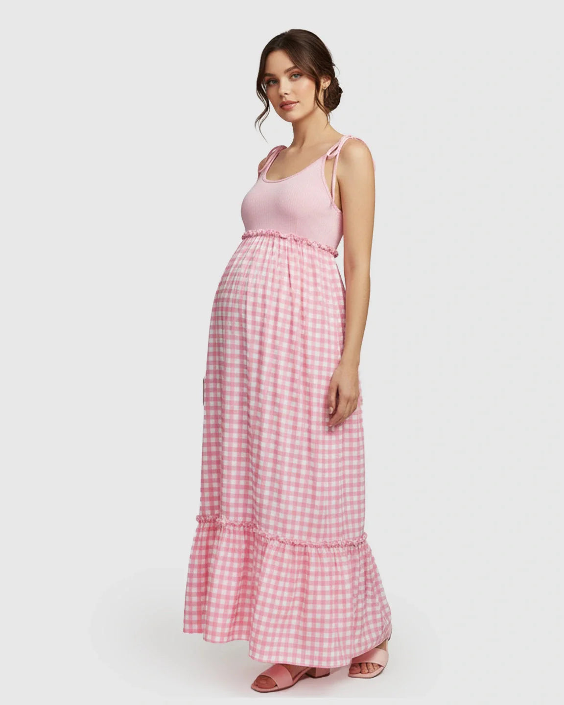 Bump Society – The Comfort Collection: Spaghetti Strap Plaid Patchwork Maternity Maxi Dress
