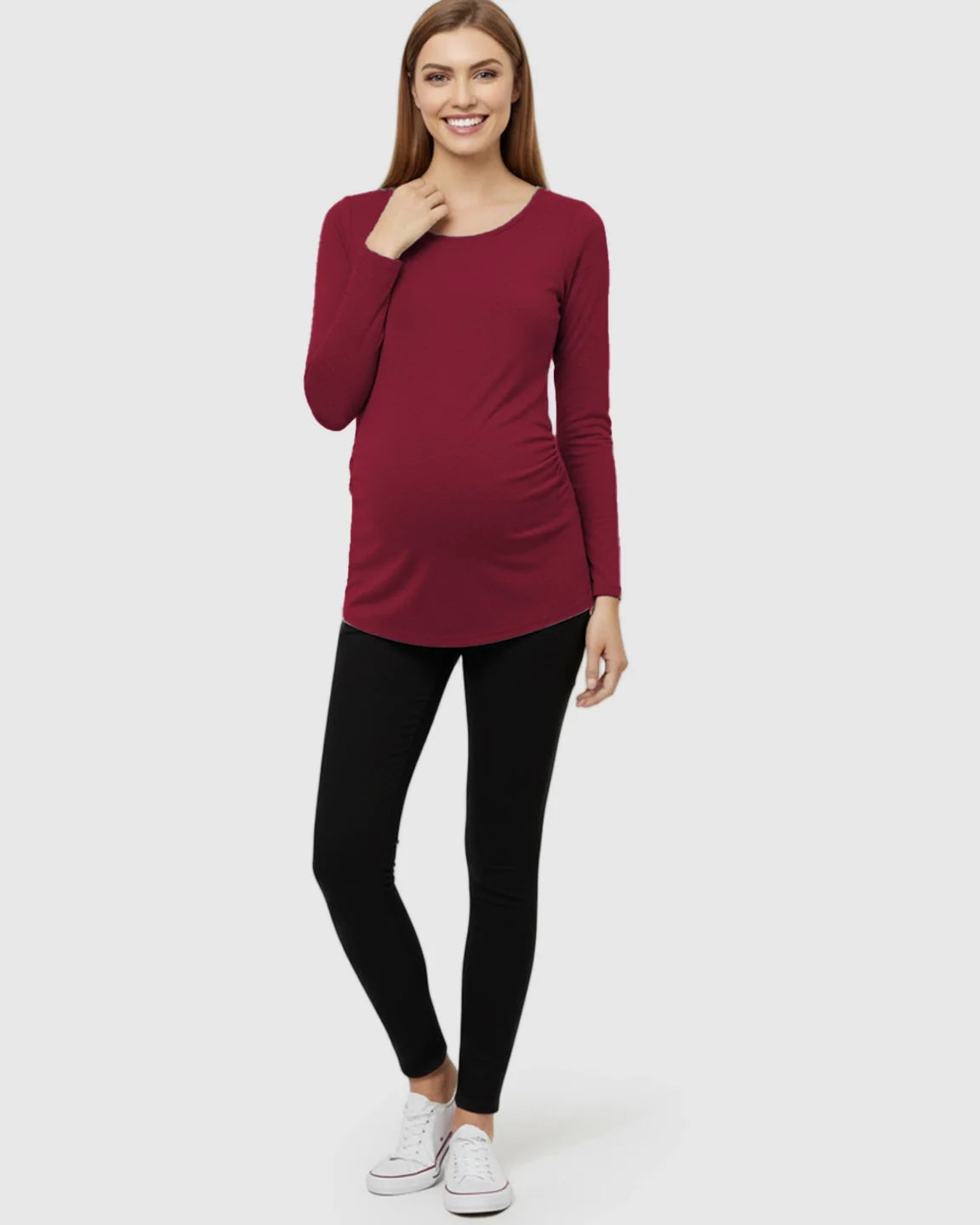 Bump Society – The Comfort Collection: Side Ruched Slim Fit Long Sleeve Maternity Top