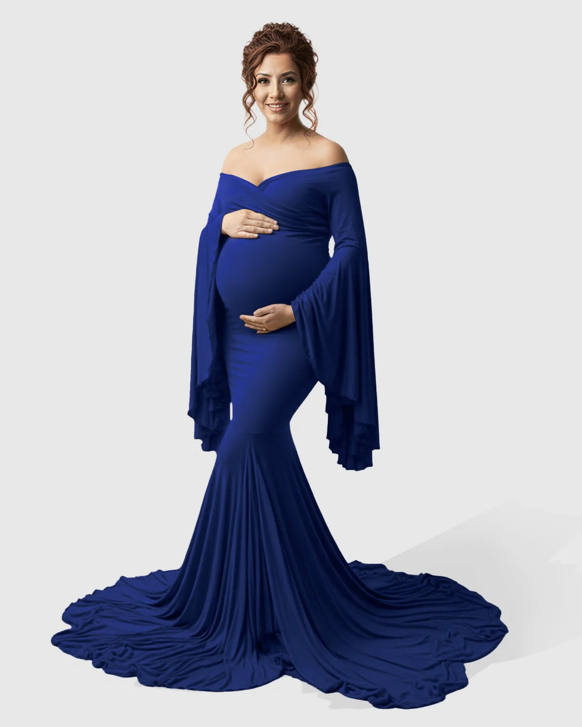 Bump Society – The Comfort Collection: Flared Sleeve Fishtail Train Maternity Photoshoot Dress