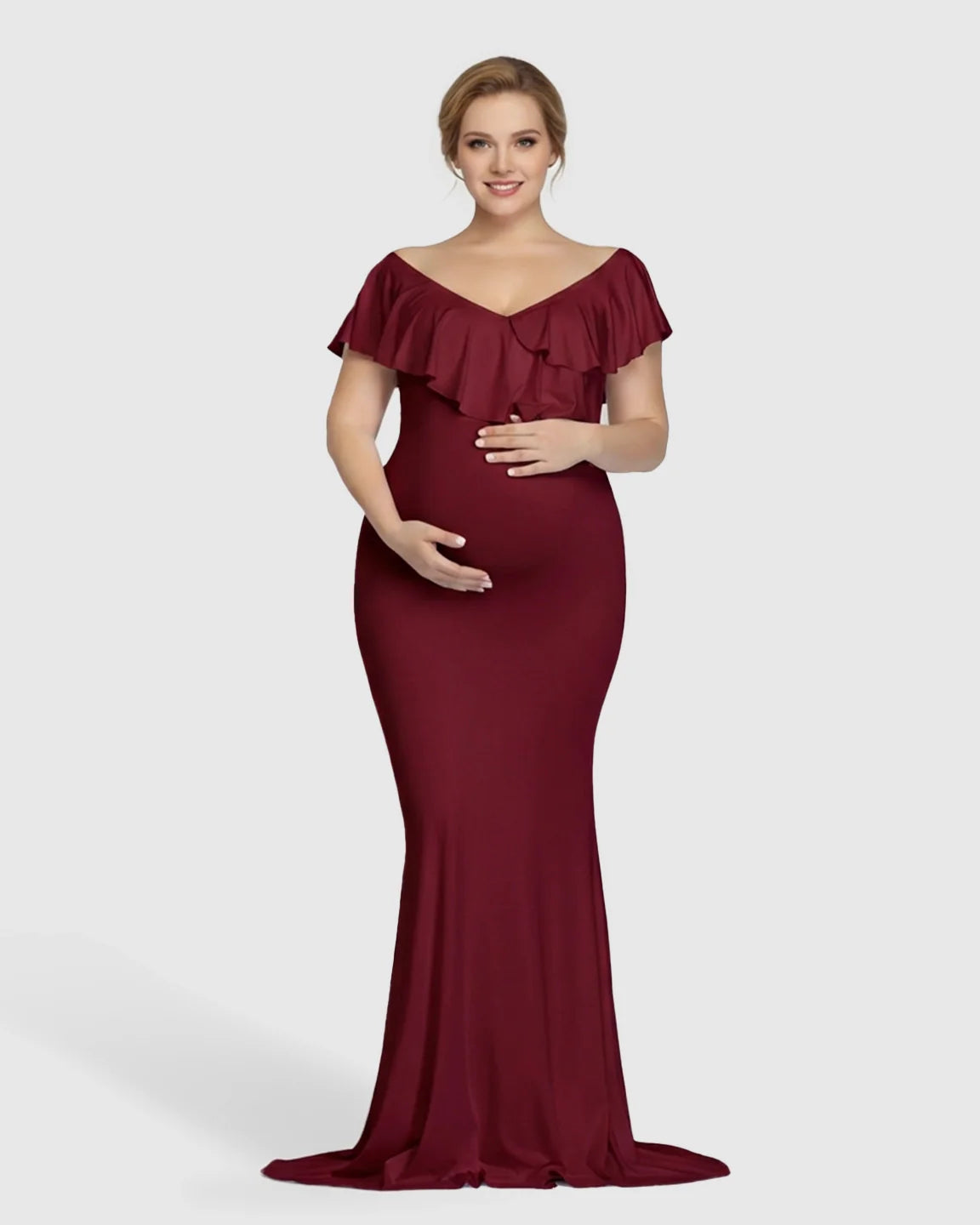 Bump Society – The Comfort Collection: Off-Shoulder Ruffled Bodycon Maternity Maxi Dress