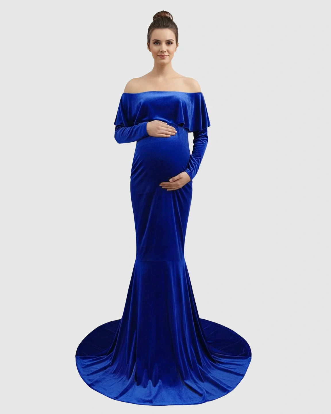 Elegant royal blue velvet off-shoulder maternity gown with a fitted silhouette and flowing train.