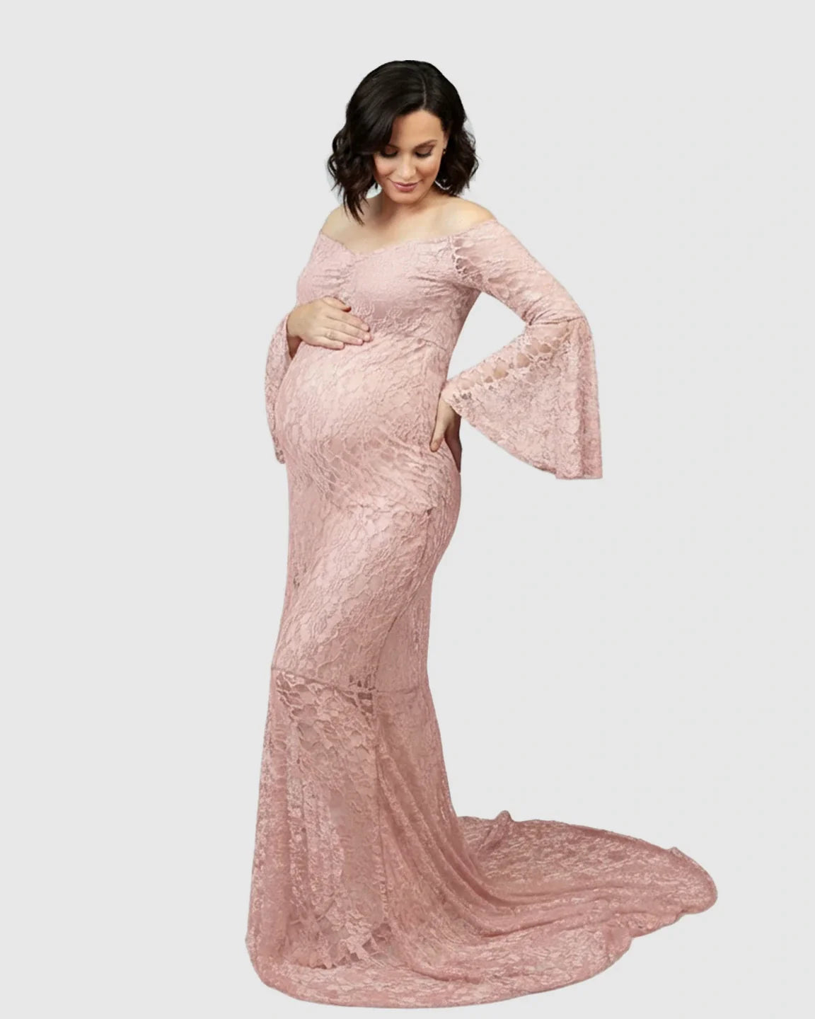 Bump Society – The Comfort Collection: Bell Lace Sleeve Trailing Maternity Gown