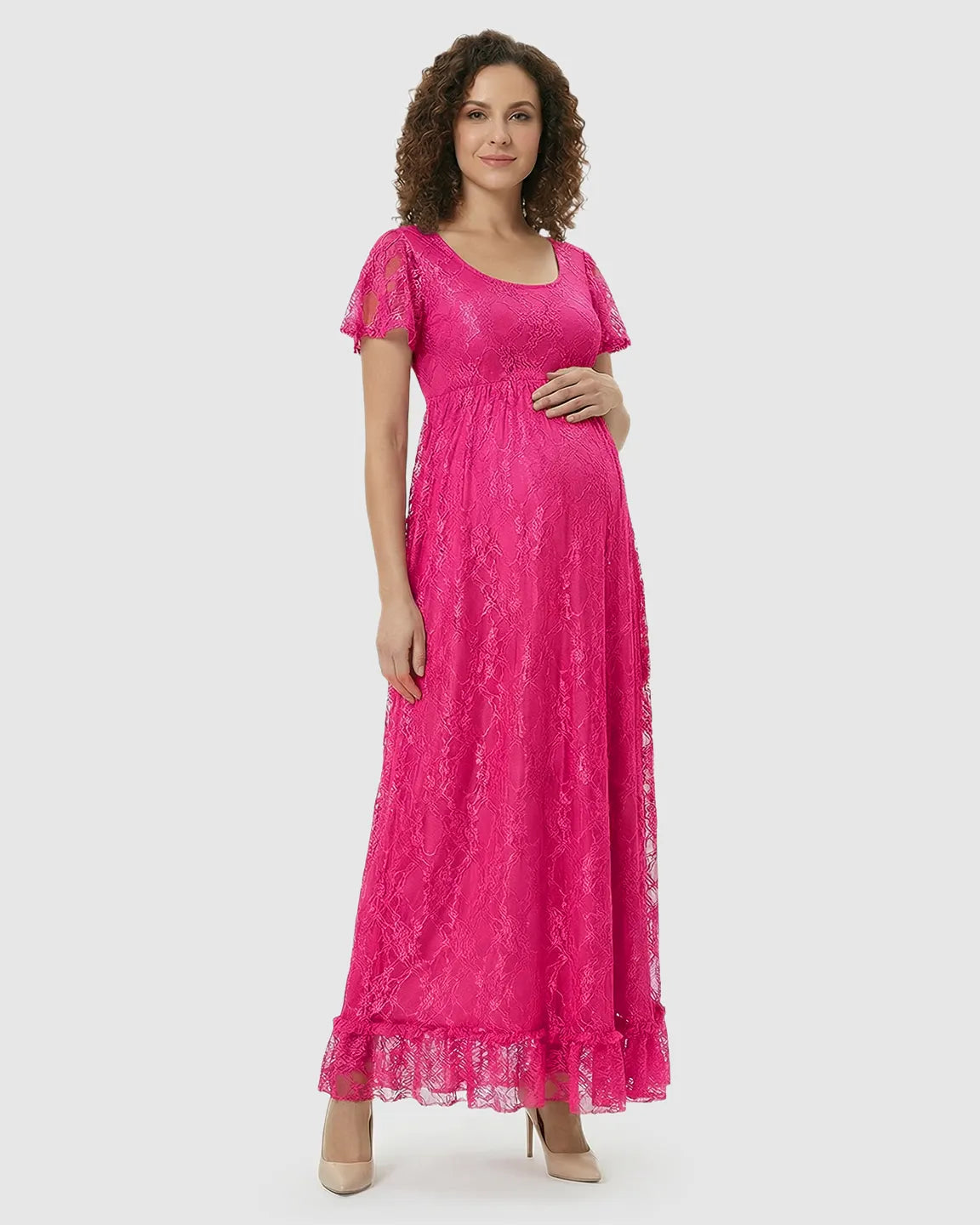 Bump Society – The Comfort Collection: Ruffled Hem Floral Lace Maternity Photoshoot Dress