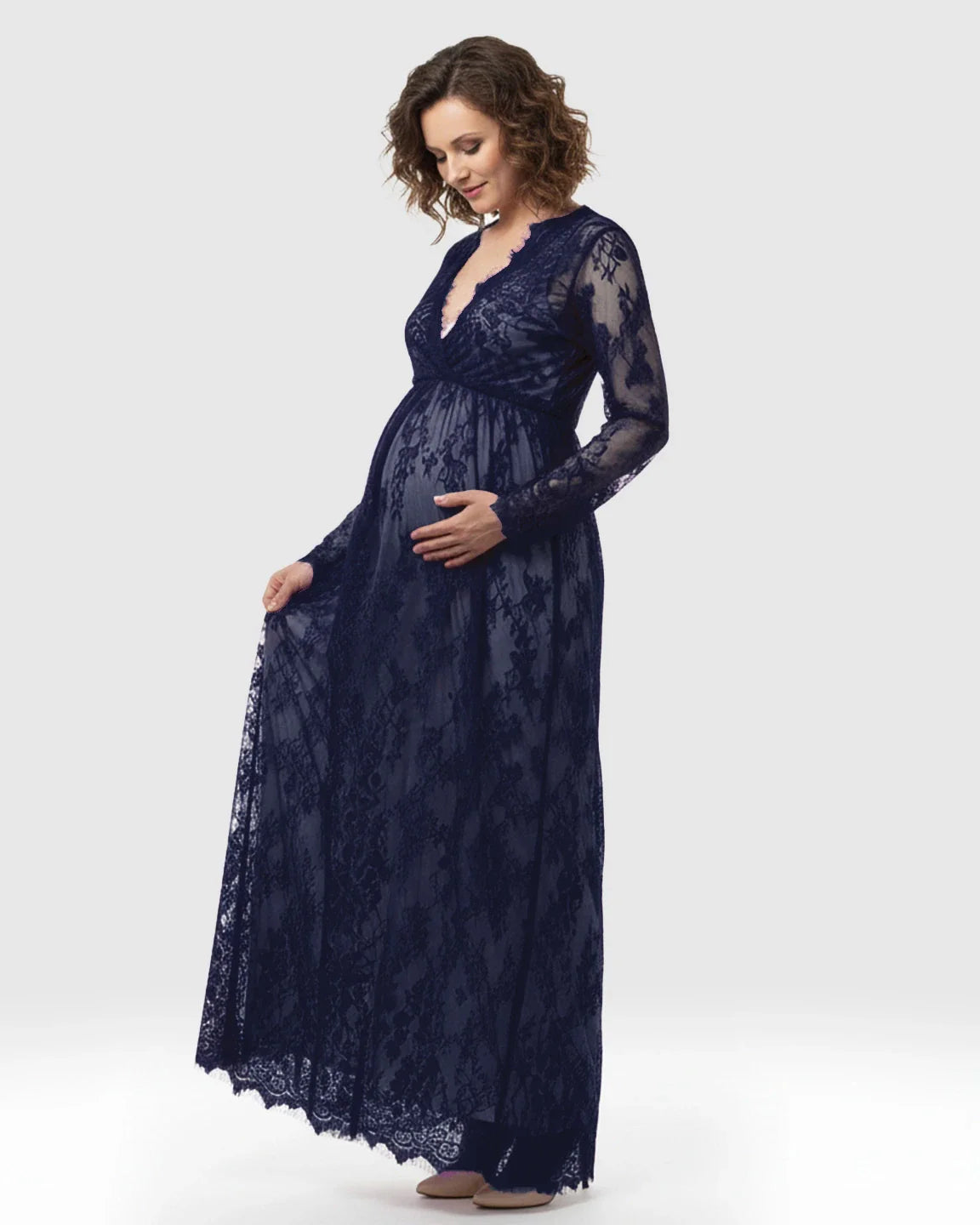 Navy sheer floral lace maternity maxi dress with empire waist and long sleeves.